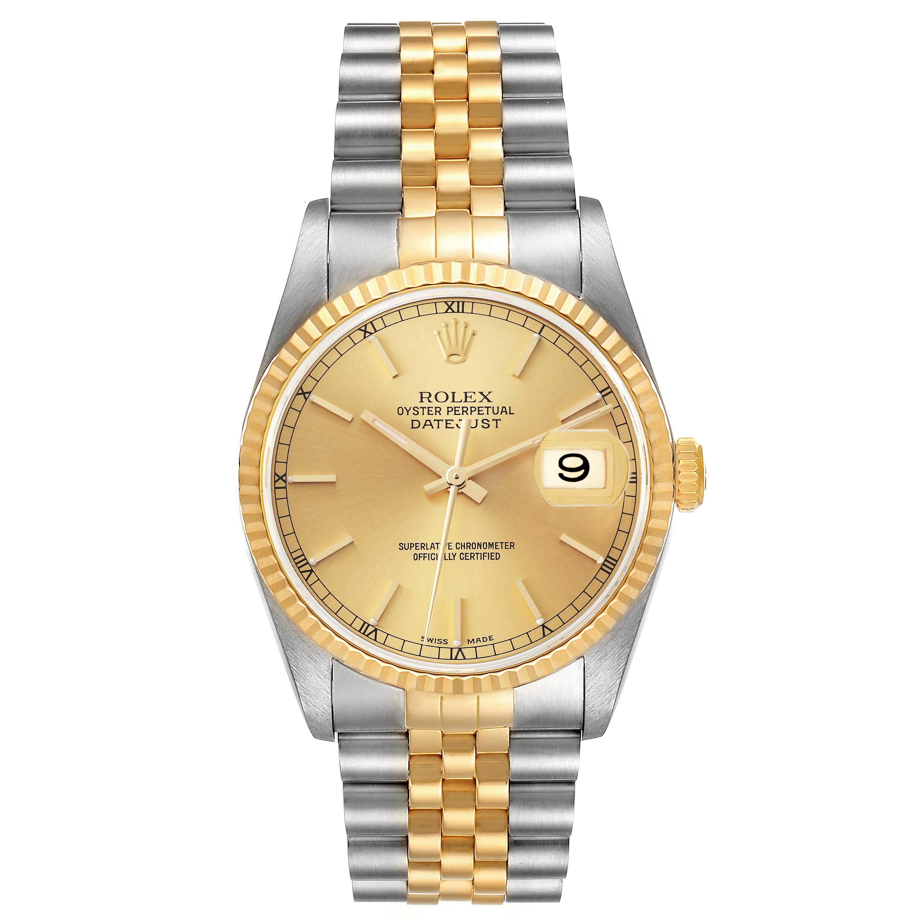 The Rolex Datejust 16233 Men's Steel and Gold (two tone) Champagne Dial 16233 Men's Steel and Gold (two tone) Champagne Dial watch is shown from a top-down angle, featuring the dial, bezel, and two-tone bracelet.