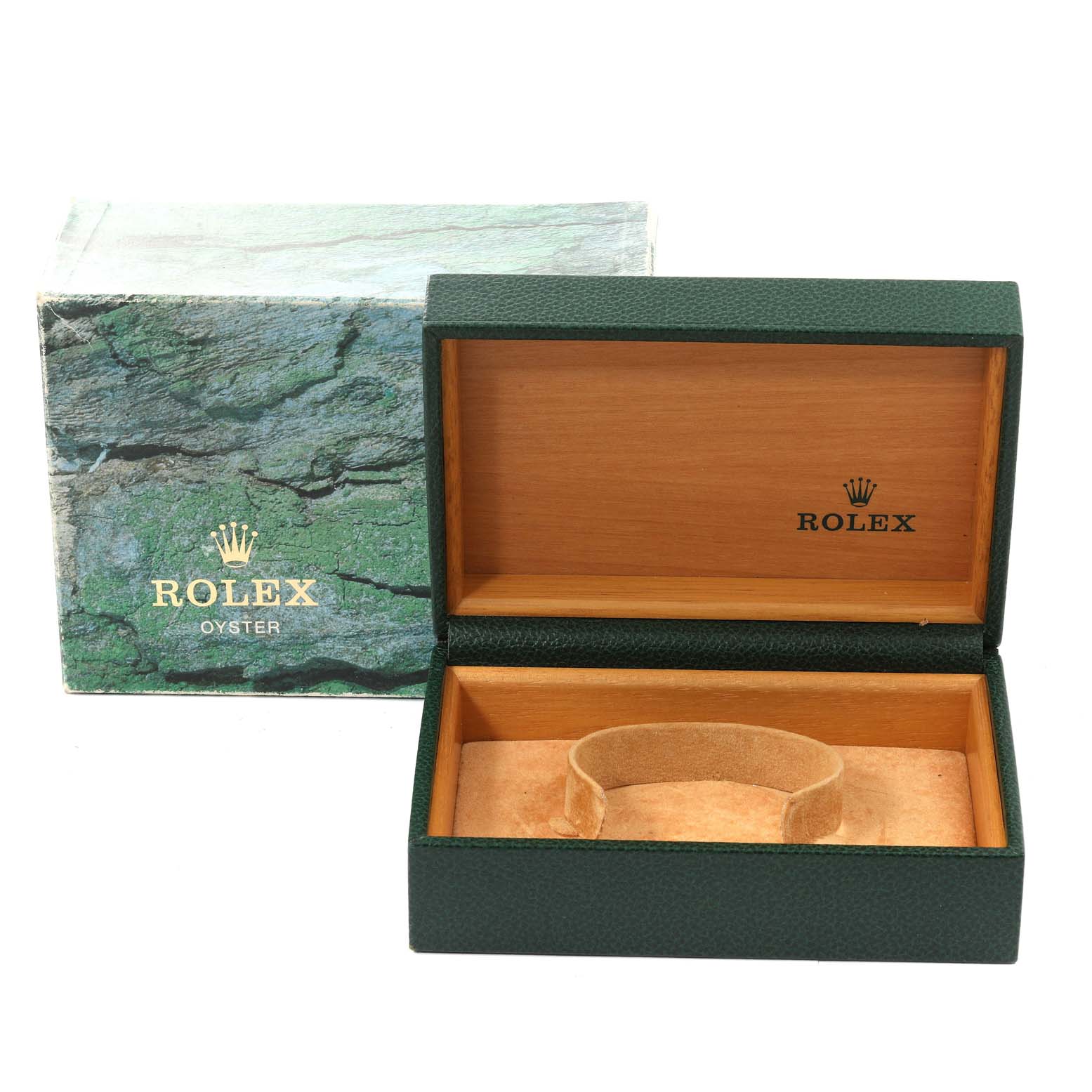 The image shows an open Rolex Datejust 16233 Men's Steel and Gold (two tone) Champagne Dial 16233 Men's Steel and Gold (two tone) Champagne Dial watch box and its outer packaging from a front angle.