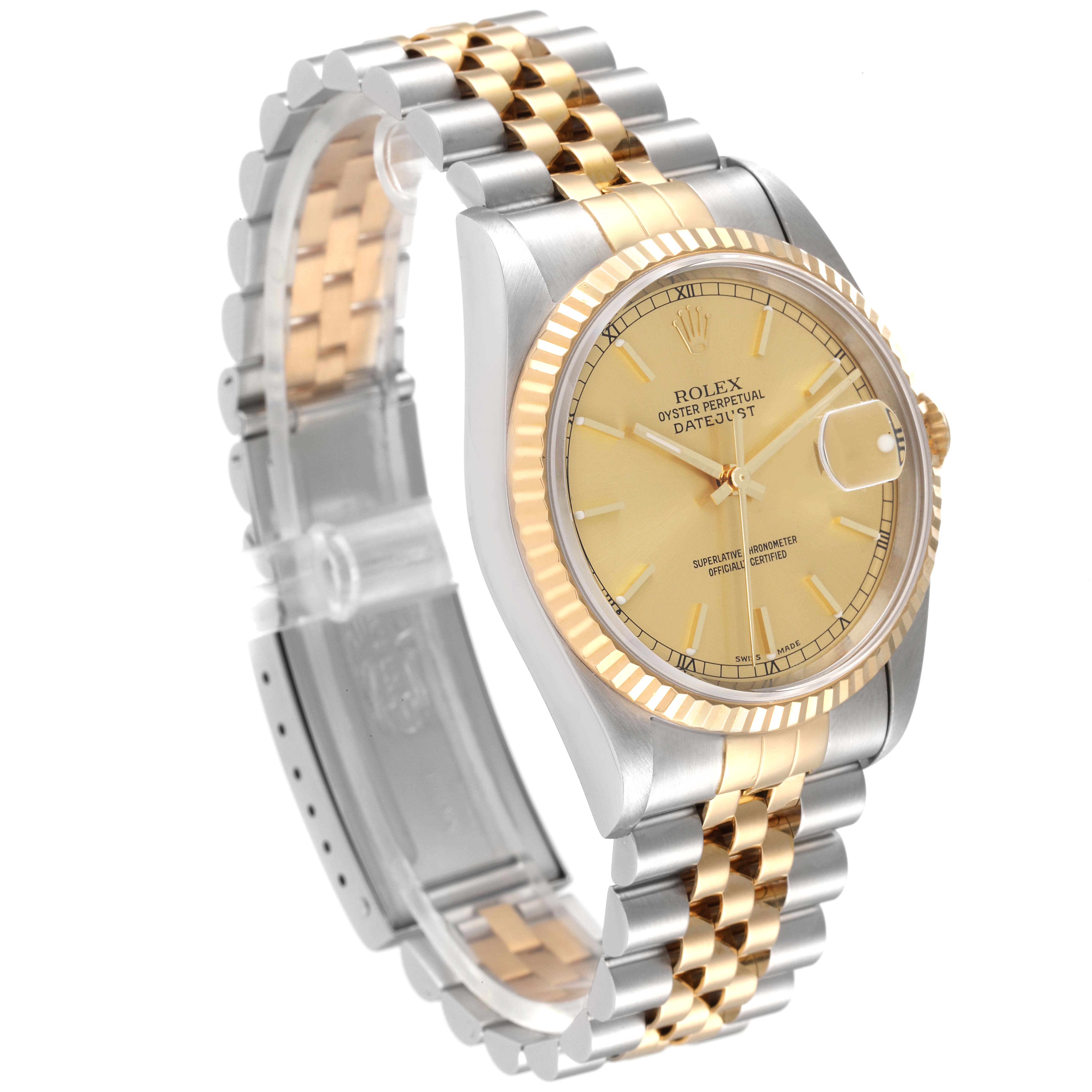 This image showcases a Rolex Datejust 16233 Men's Steel and Gold (two tone) Champagne Dial 16233 Men's Steel and Gold (two tone) Champagne Dial watch at an angled side view, highlighting its two-tone bracelet, dial, and fluted bezel.
