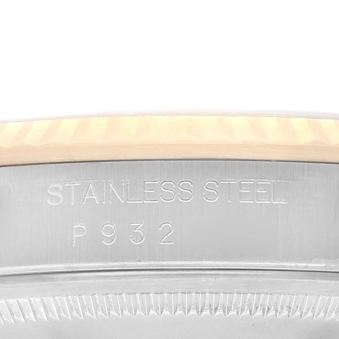 The image shows the inner case back of a Rolex Datejust 16233 Men's Steel and Gold (two tone) Champagne Dial 16233 Men's Steel and Gold (two tone) Champagne Dial watch, with "STAINLESS STEEL" and "P932" engraved.