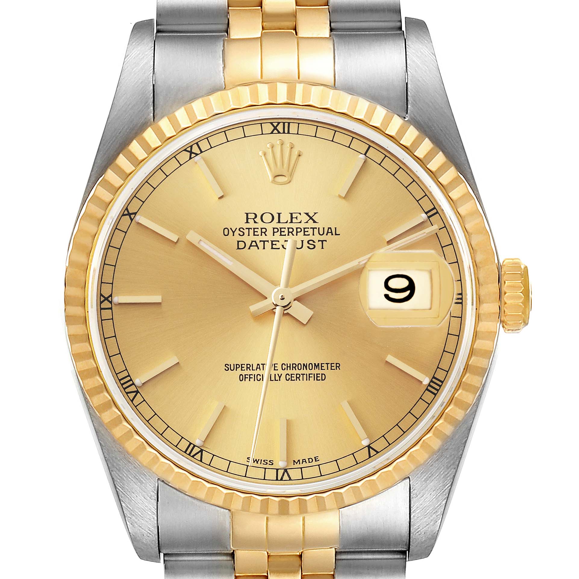 The image shows a frontal view of a Rolex Datejust 16233 Men's Steel and Gold (two tone) Champagne Dial 16233 Men's Steel and Gold (two tone) Champagne Dial watch, highlighting the dial, bezel, and part of the bracelet.