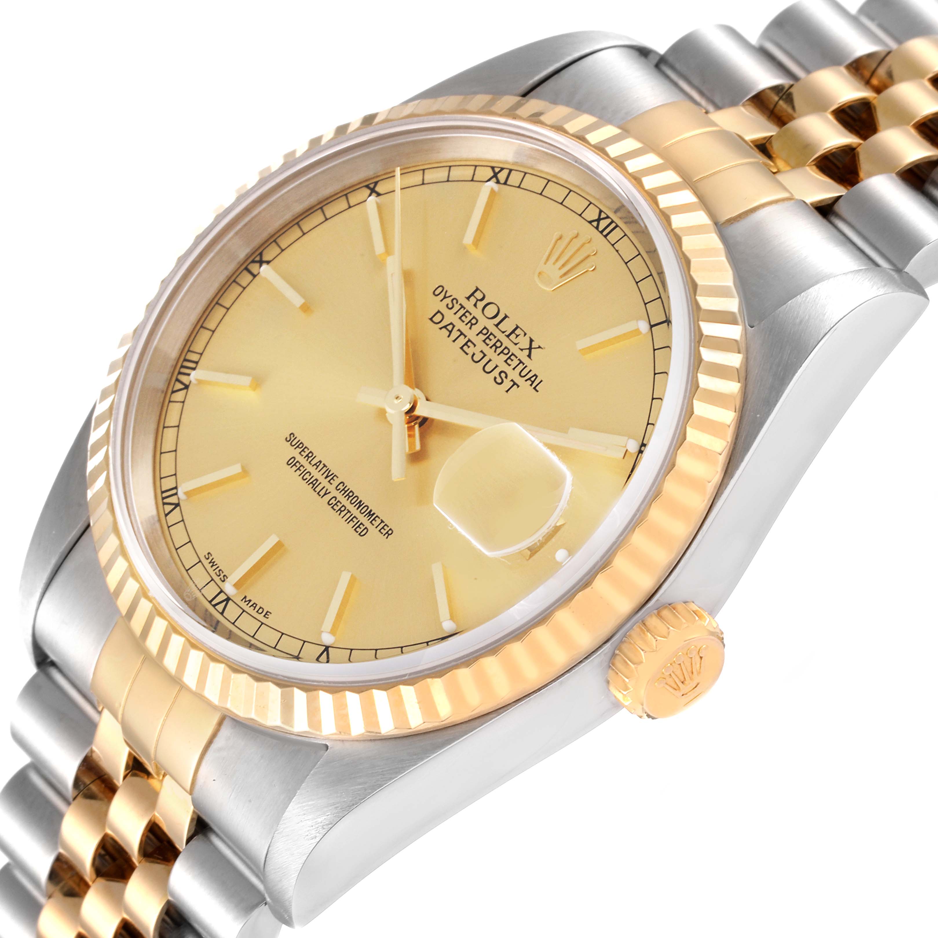 The image shows a Rolex Datejust 16233 Men's Steel and Gold (two tone) Champagne Dial 16233 Men's Steel and Gold (two tone) Champagne Dial watch from an angled side view, highlighting the dial, bezel, crown, and bracelet.