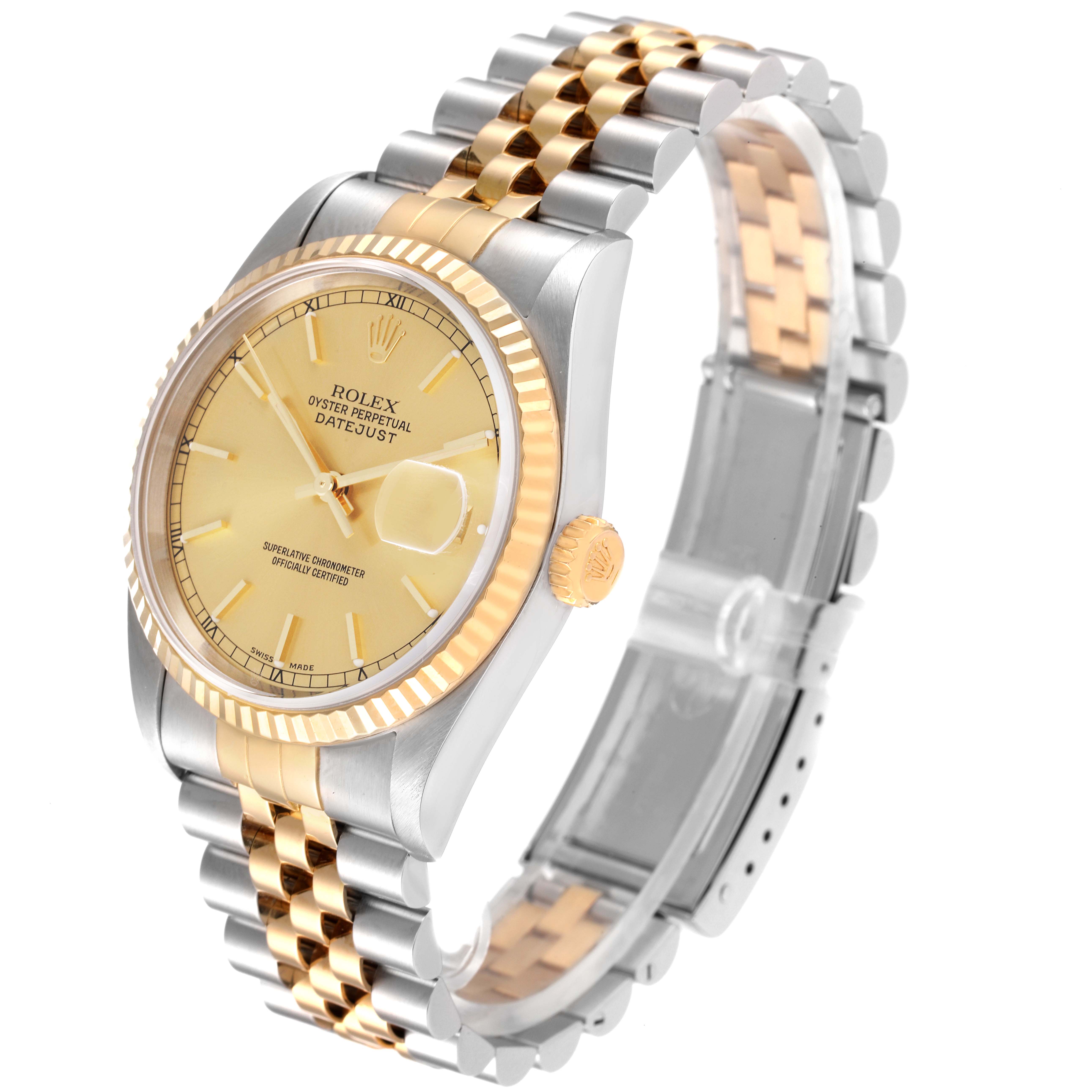 The image shows a Rolex Datejust 16233 Men's Steel and Gold (two tone) Champagne Dial 16233 Men's Steel and Gold (two tone) Champagne Dial watch at a three-quarter angle, highlighting its two-tone bracelet, fluted bezel, and champagne dial.