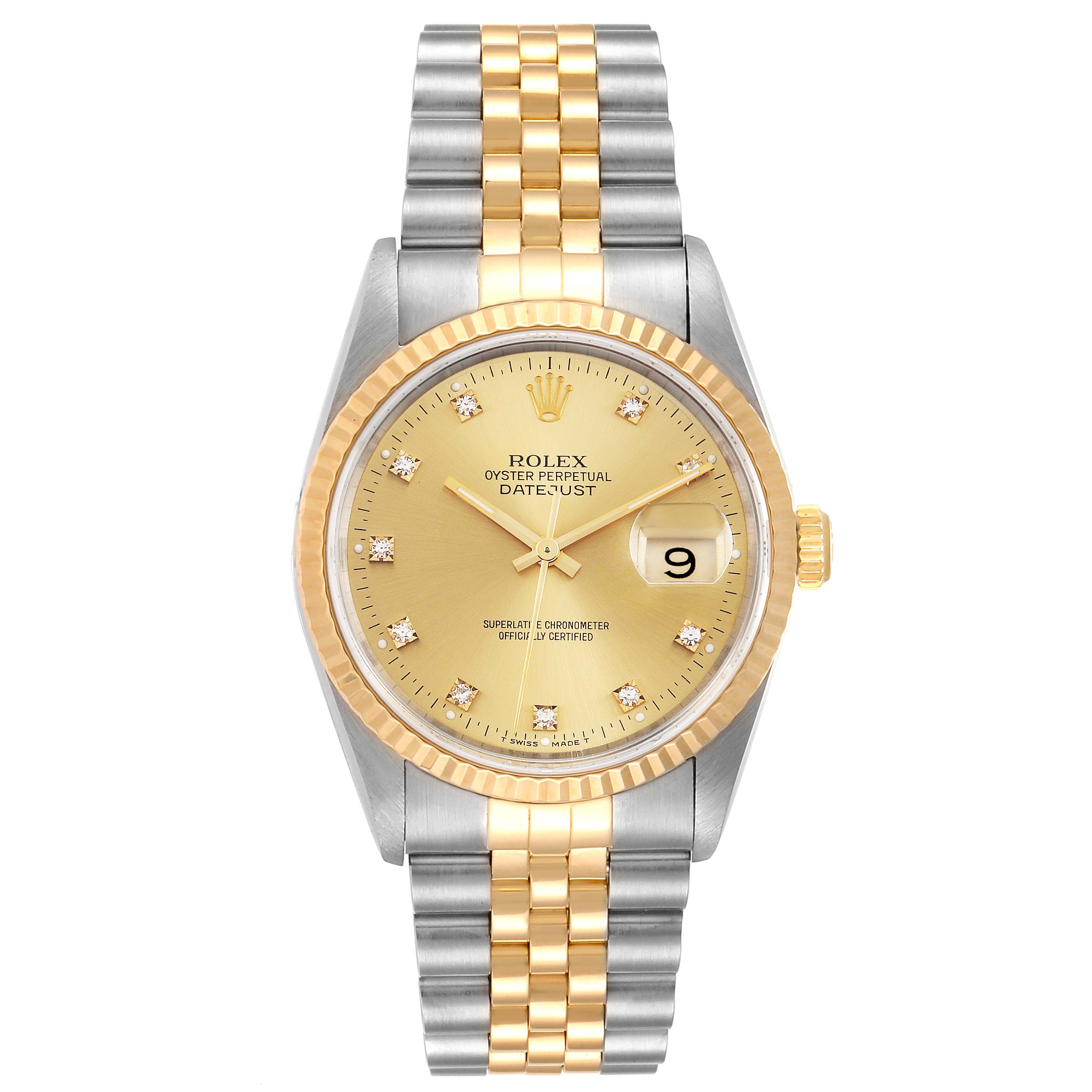 This image shows the Rolex Datejust 16233 Men's Steel and Gold (two tone) Champagne Dial 16233 Men's Steel and Gold (two tone) Champagne Dial watch from the front, displaying its dial, fluted bezel, and two-tone bracelet.