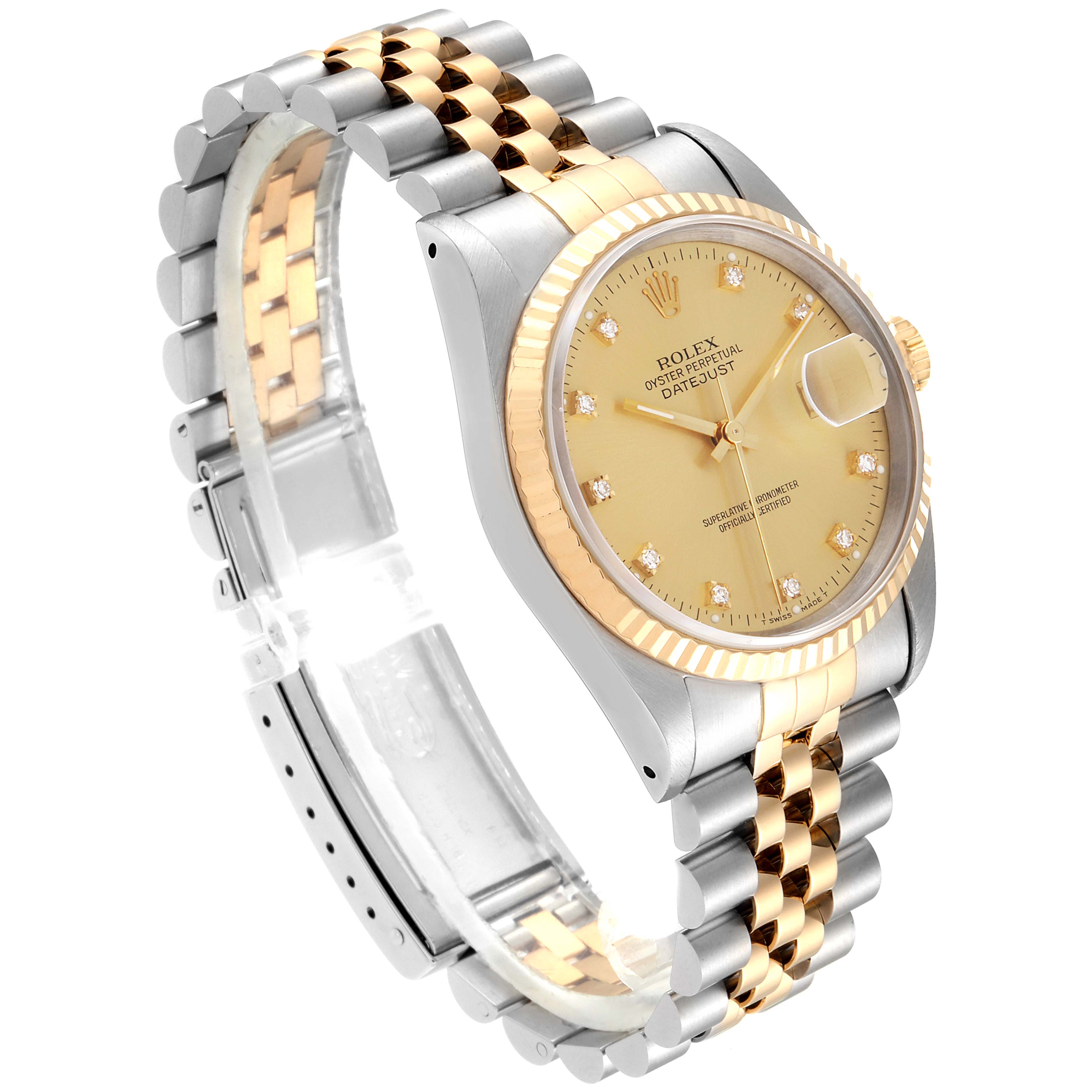 The image shows a Rolex Datejust 16233 Men's Steel and Gold (two tone) Champagne Dial 16233 Men's Steel and Gold (two tone) Champagne Dial watch at a tilted angle, highlighting the face, bezel, and two-tone bracelet.
