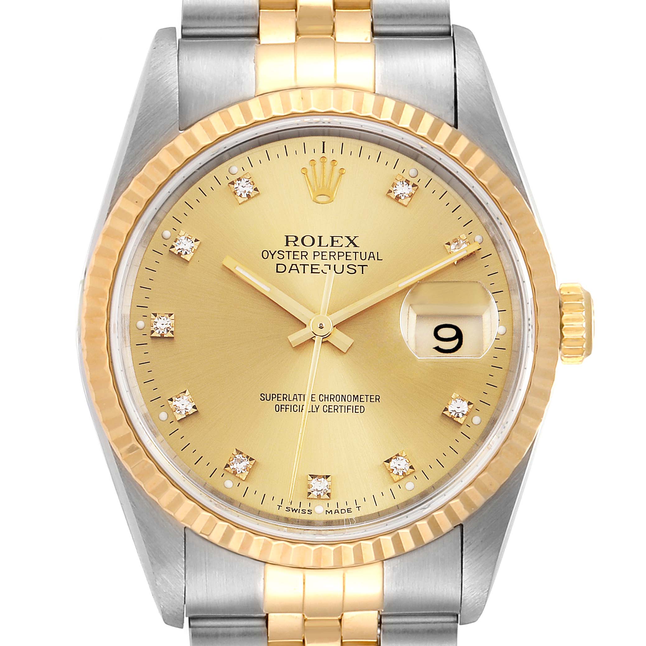 The image shows a front view of a Rolex Datejust 16233 Men's Steel and Gold (two tone) Champagne Dial 16233 Men's Steel and Gold (two tone) Champagne Dial watch featuring a gold dial, diamond hour markers, and a two-tone bracelet.