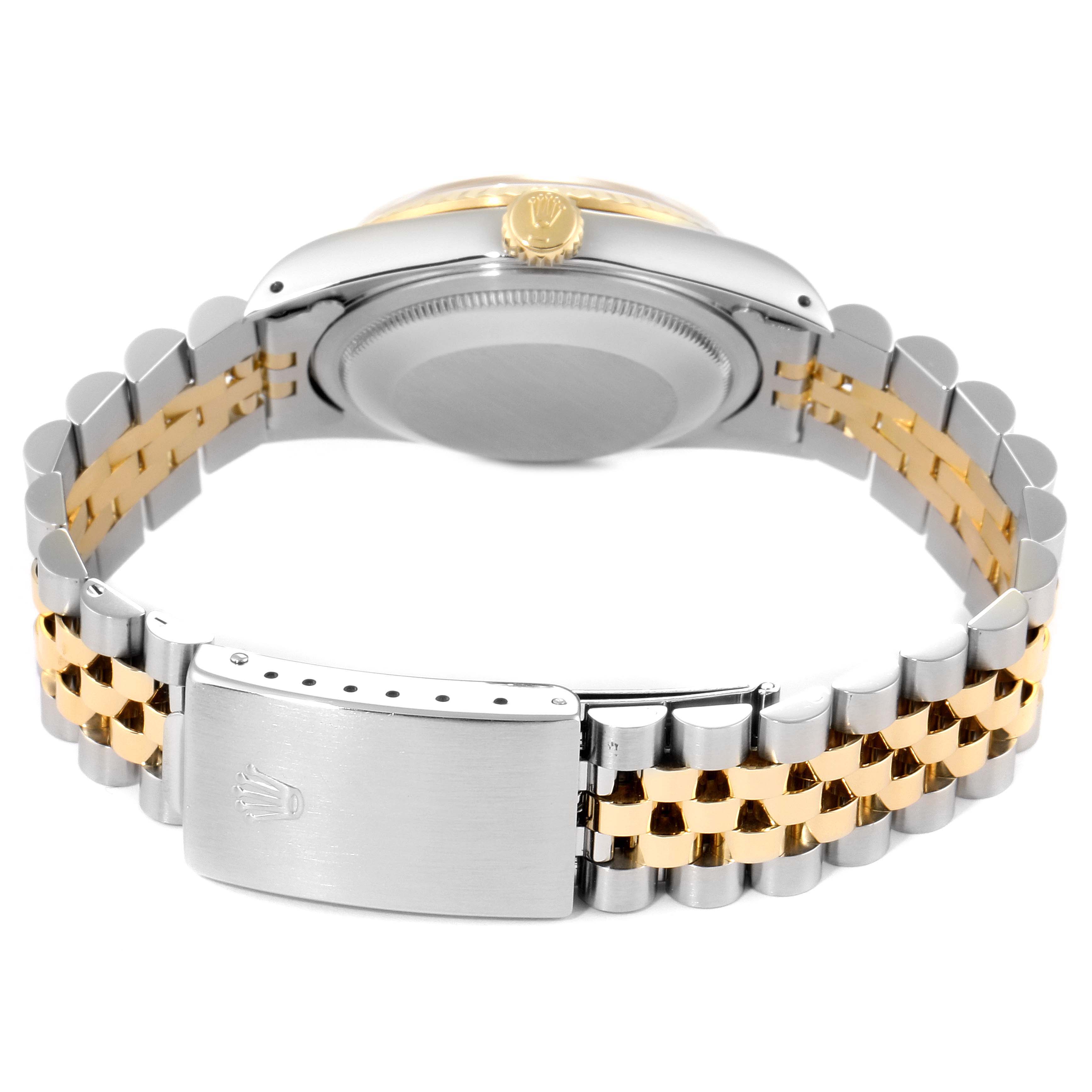 The image shows the back case and two-tone Jubilee bracelet of a Rolex Datejust 16233 Men's Steel and Gold (two tone) Champagne Dial 16233 Men's Steel and Gold (two tone) Champagne Dial watch from a rear angle.