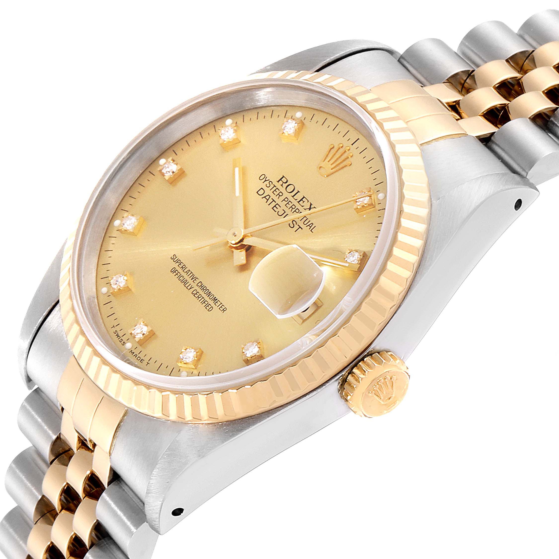 The Rolex Datejust 16233 Men's Steel and Gold (two tone) Champagne Dial 16233 Men's Steel and Gold (two tone) Champagne Dial watch is shown at a slight angle, displaying the dial, bezel, crown, and part of the bracelet.