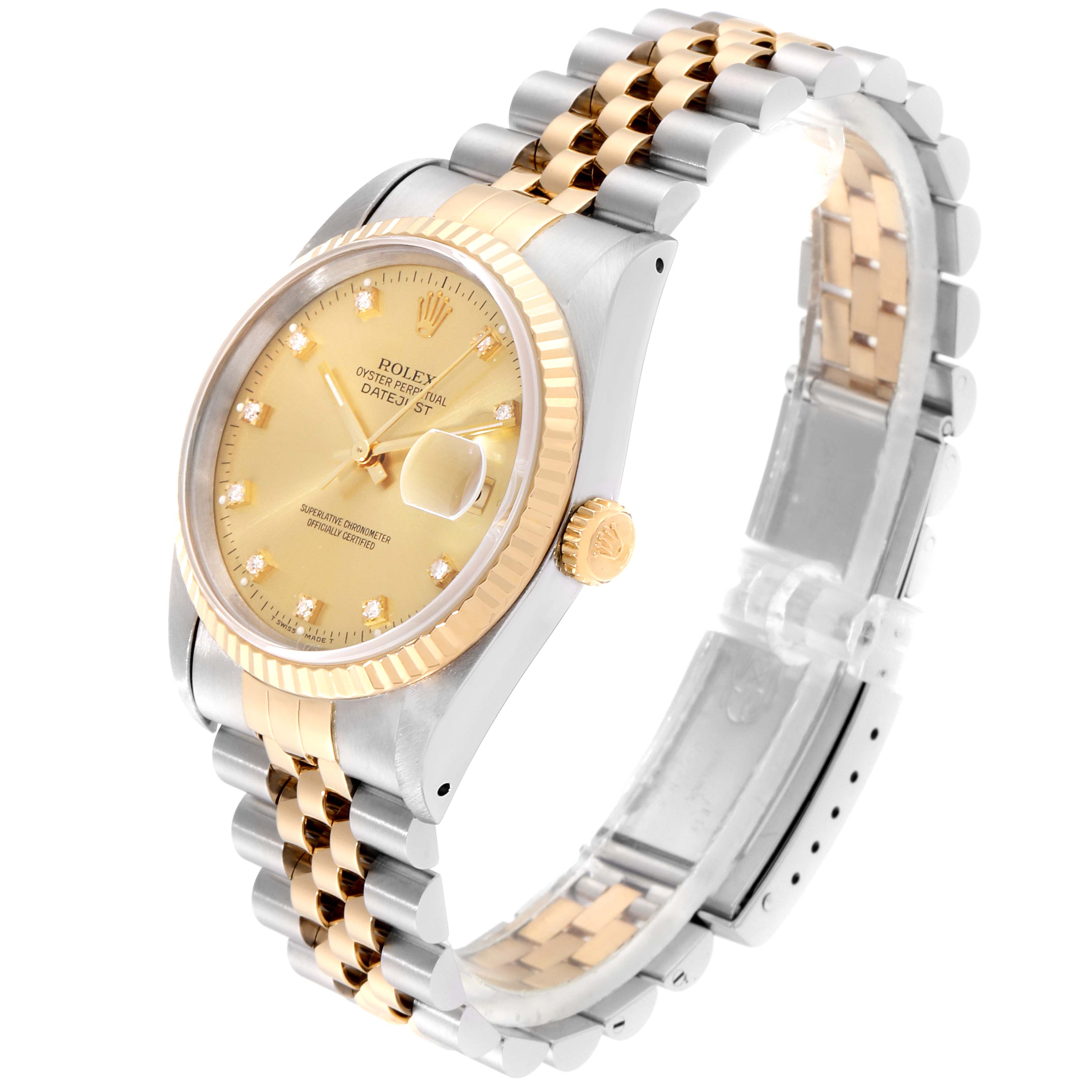 This image shows the side profile and front of a Rolex Datejust 16233 Men's Steel and Gold (two tone) Champagne Dial 16233 Men's Steel and Gold (two tone) Champagne Dial watch, highlighting its gold and silver two-tone bracelet, crown, and dial.