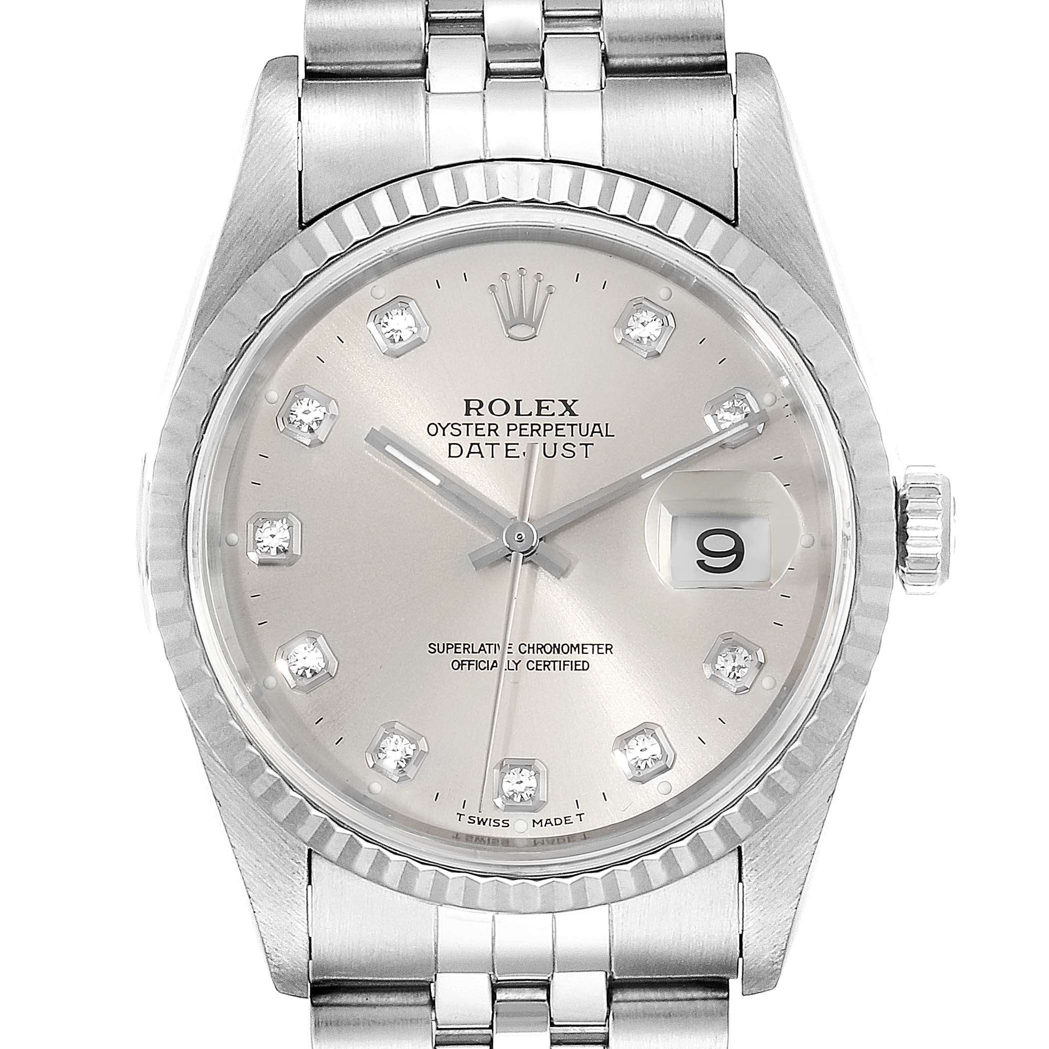 The image shows a front view of a Rolex Datejust 16234 Men's Stainless Steel Silver Dial 16234 Men's Stainless Steel Silver Dial watch, highlighting the dial, bezel, crown, and part of the bracelet.