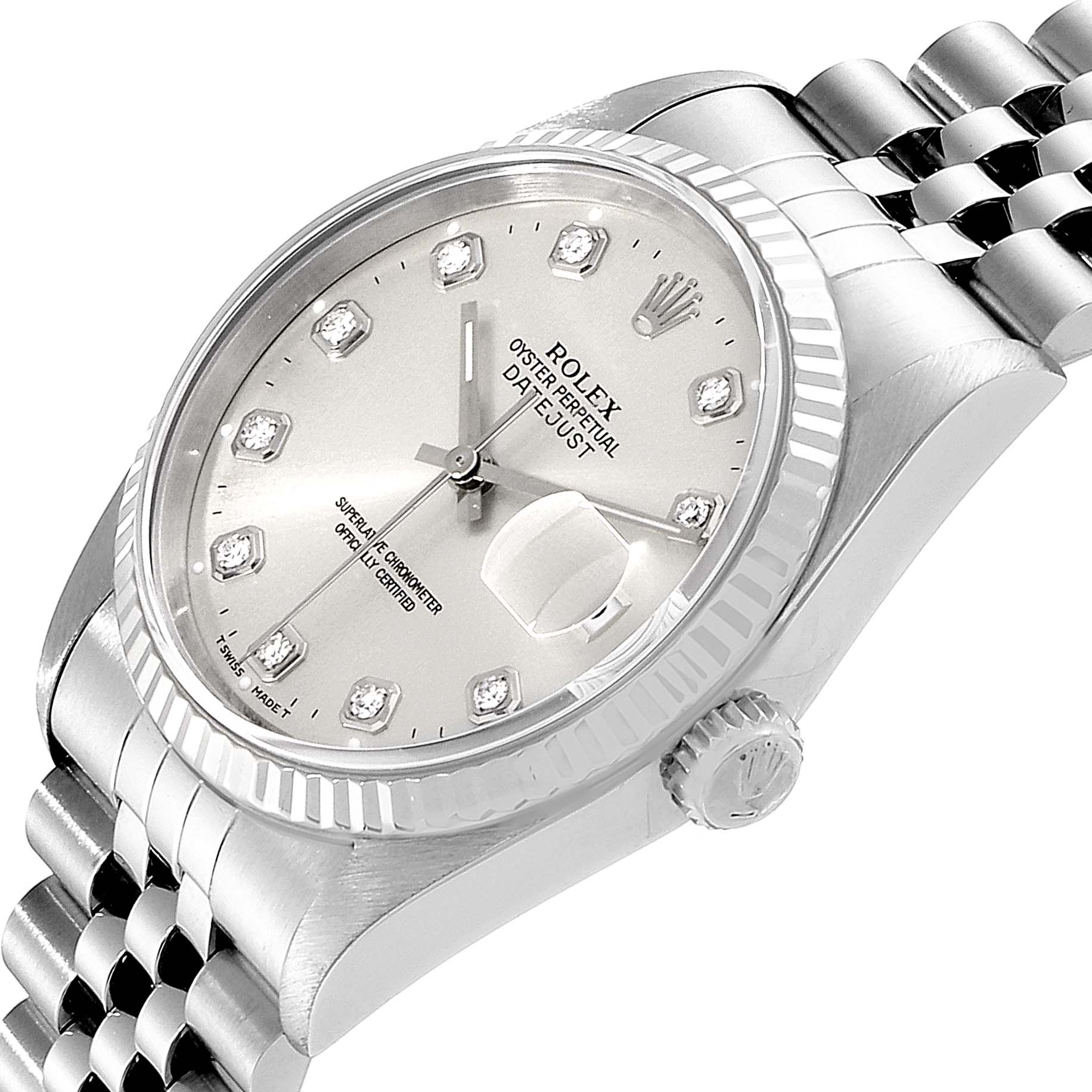 This image shows a Rolex Datejust 16234 Men's Stainless Steel Silver Dial 16234 Men's Stainless Steel Silver Dial watch from an angled side view, highlighting the dial, fluted bezel, crown, and bracelet.