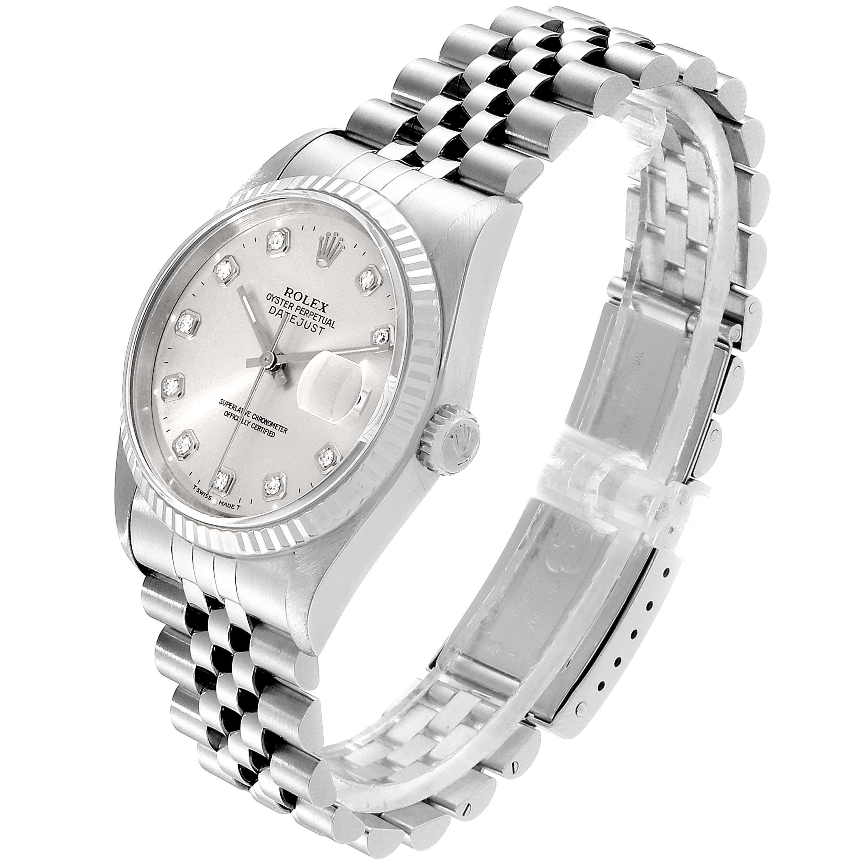 The image shows a Rolex Datejust 16234 Men's Stainless Steel Silver Dial 16234 Men's Stainless Steel Silver Dial watch at a right-angle perspective, displaying the dial, bezel, and bracelet.