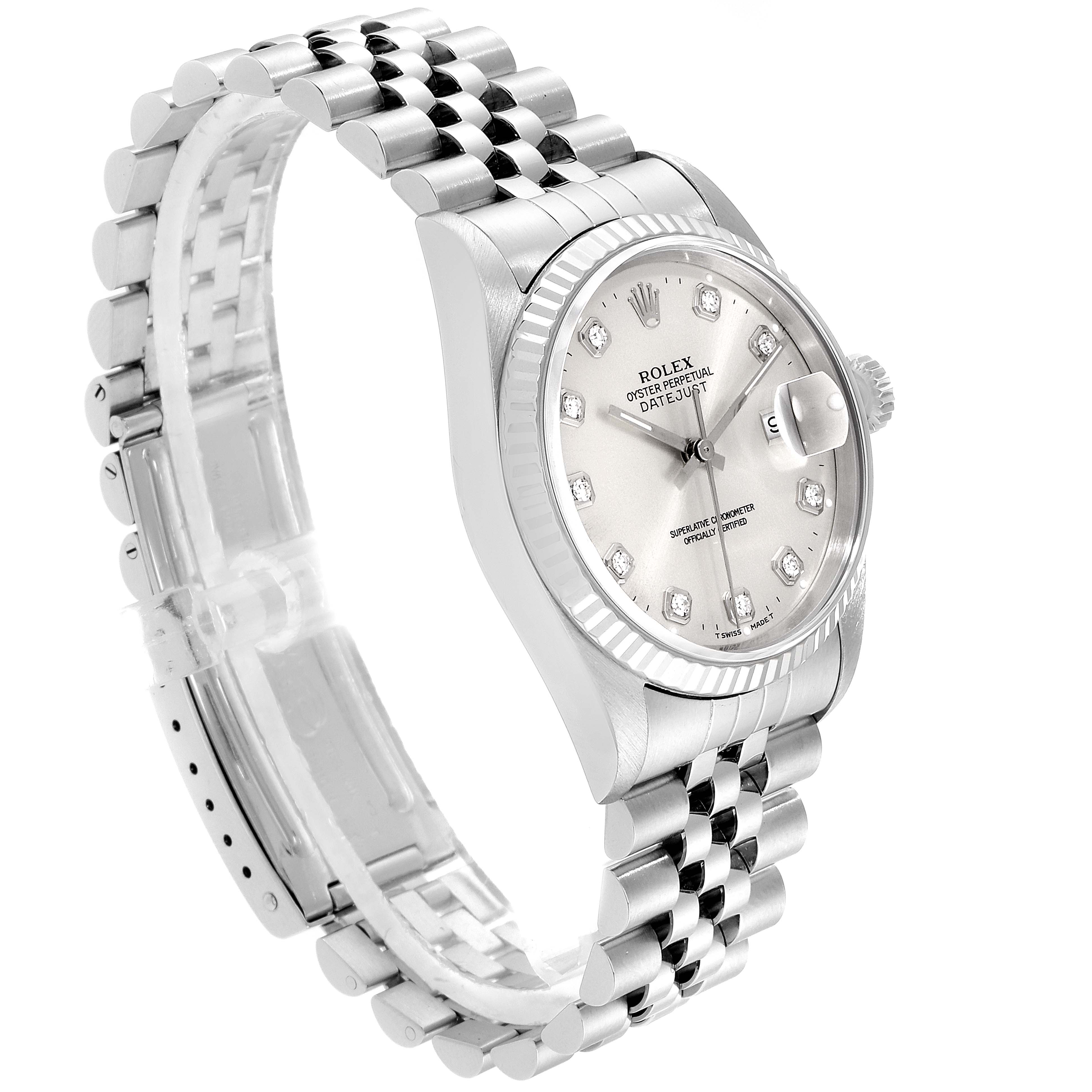 The image shows a Rolex Datejust 16234 Men's Stainless Steel Silver Dial 16234 Men's Stainless Steel Silver Dial watch at a three-quarter angle, highlighting the dial, bracelet, and crown.