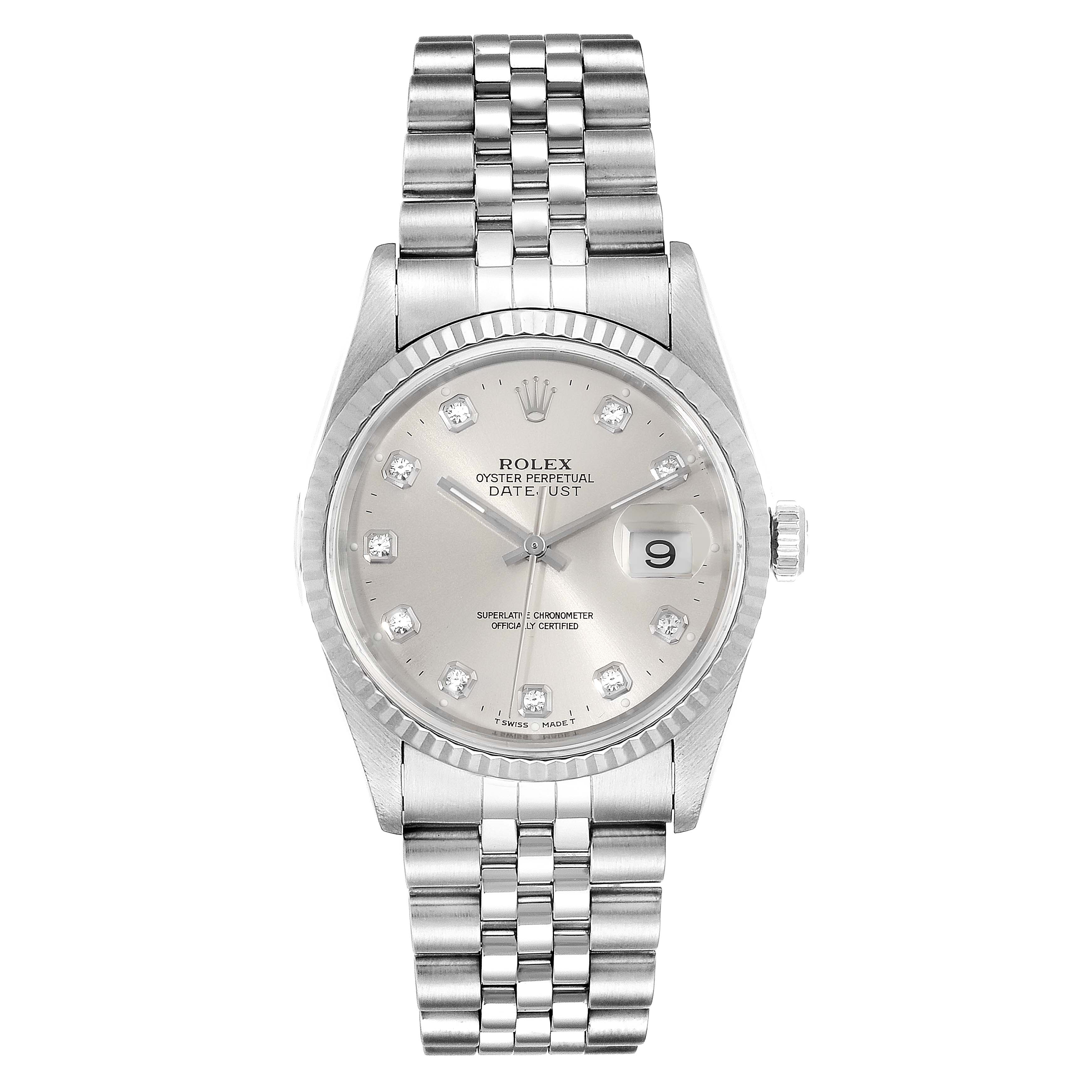 The image shows a front view of a Rolex Datejust 16234 Men's Stainless Steel Silver Dial 16234 Men's Stainless Steel Silver Dial watch, highlighting its dial, bezel, and bracelet.