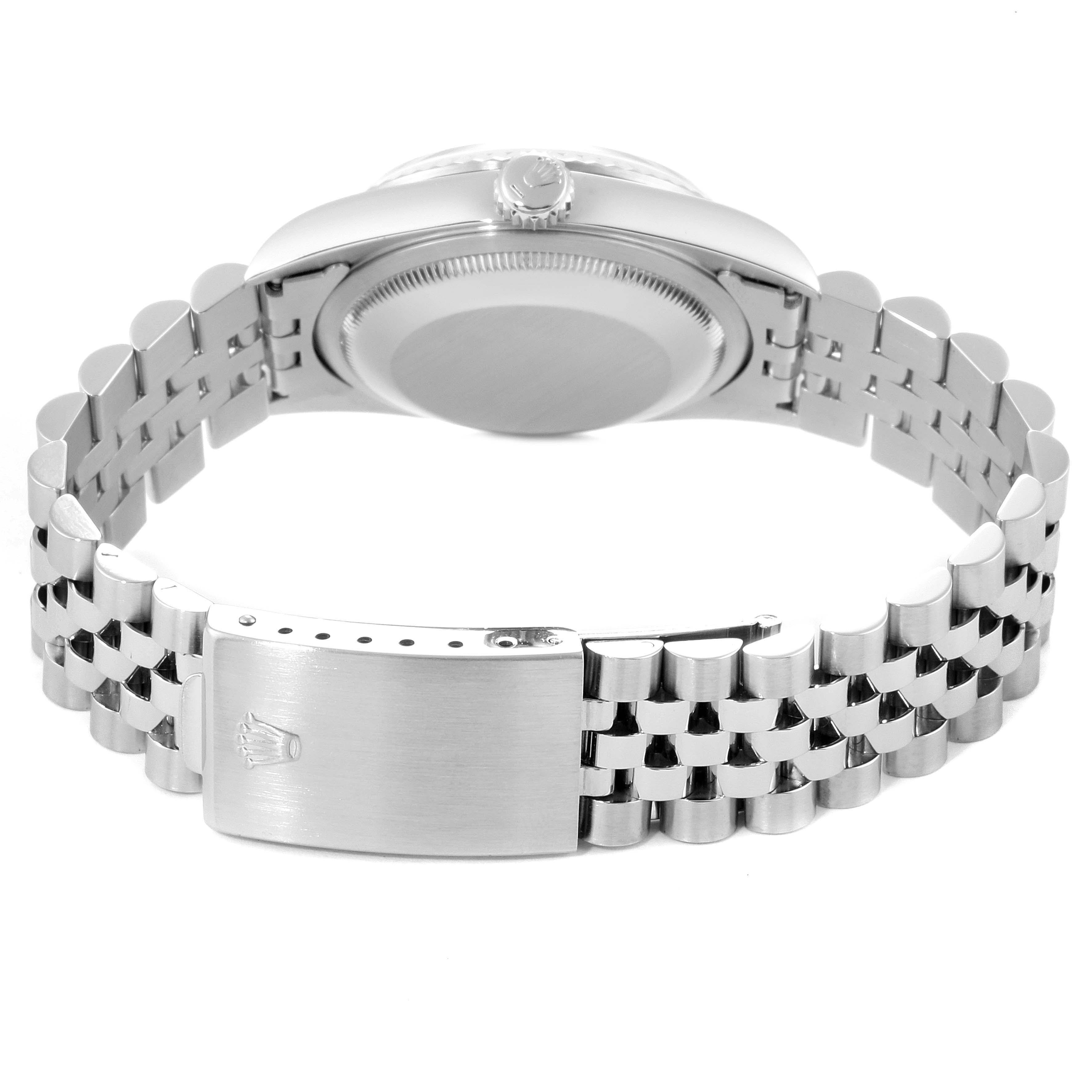 The image shows the back view of a Rolex Datejust 16234 Men's Stainless Steel Silver Dial 16234 Men's Stainless Steel Silver Dial watch, focusing on the case back, clasp, and bracelet.