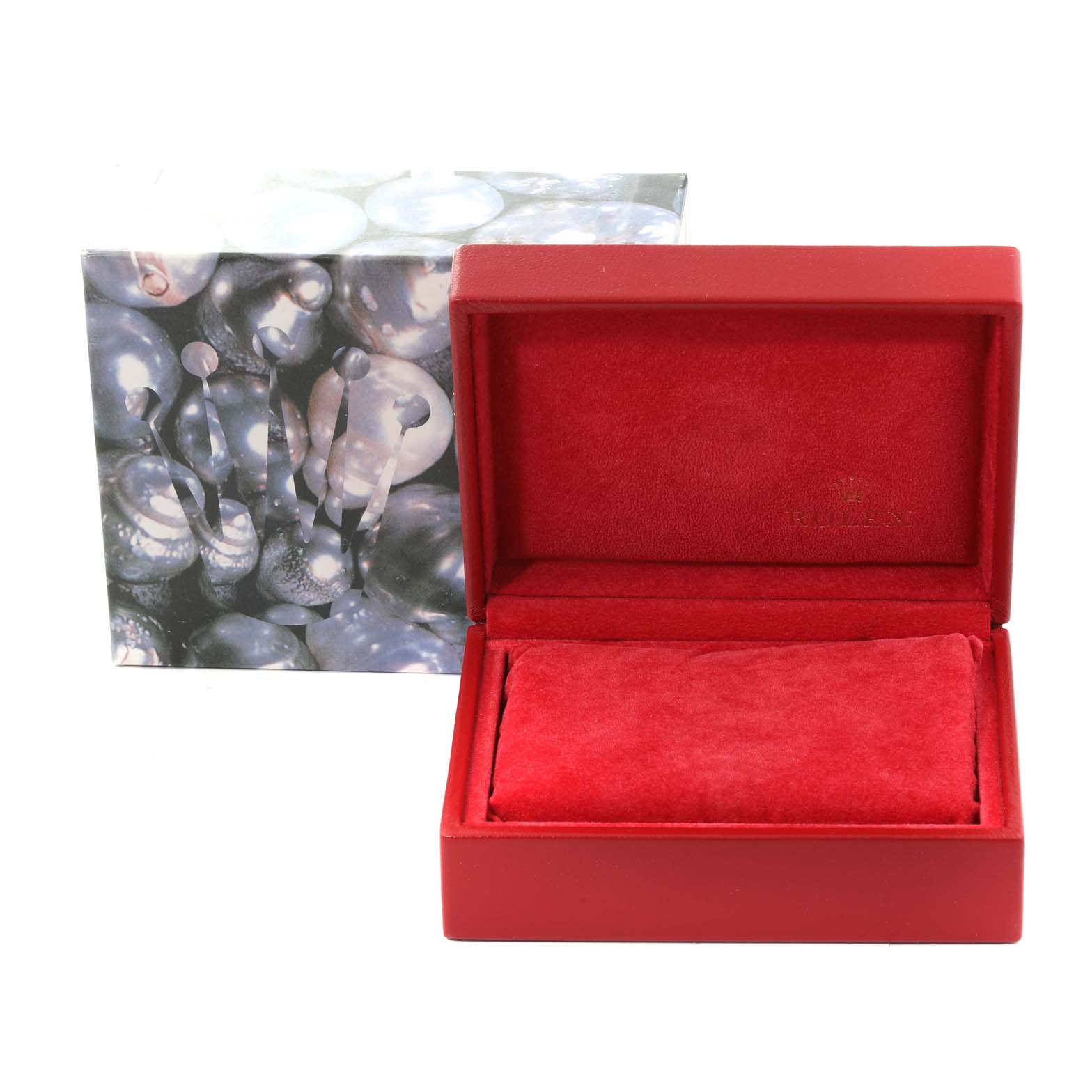 The image shows a red Rolex Datejust 79163 Women's Steel and Gold (two tone) Black Dial 79163 Women's Steel and Gold (two tone) Black Dial watch box with an open lid, revealing a velvet interior.