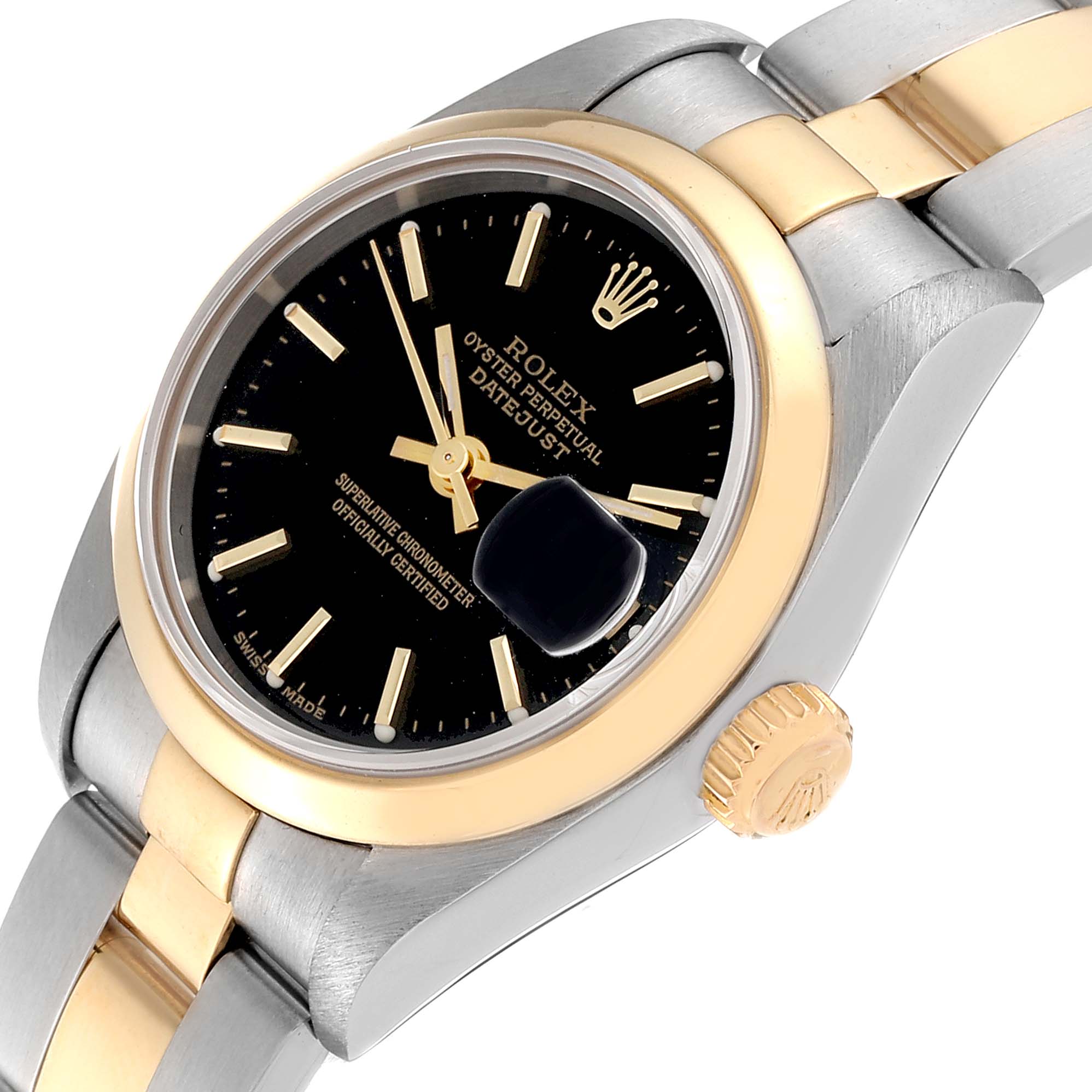 The Rolex Datejust 79163 Women's Steel and Gold (two tone) Black Dial 79163 Women's Steel and Gold (two tone) Black Dial is shown at an angled close-up, highlighting the dial, bezel, crown, and part of the bracelet.