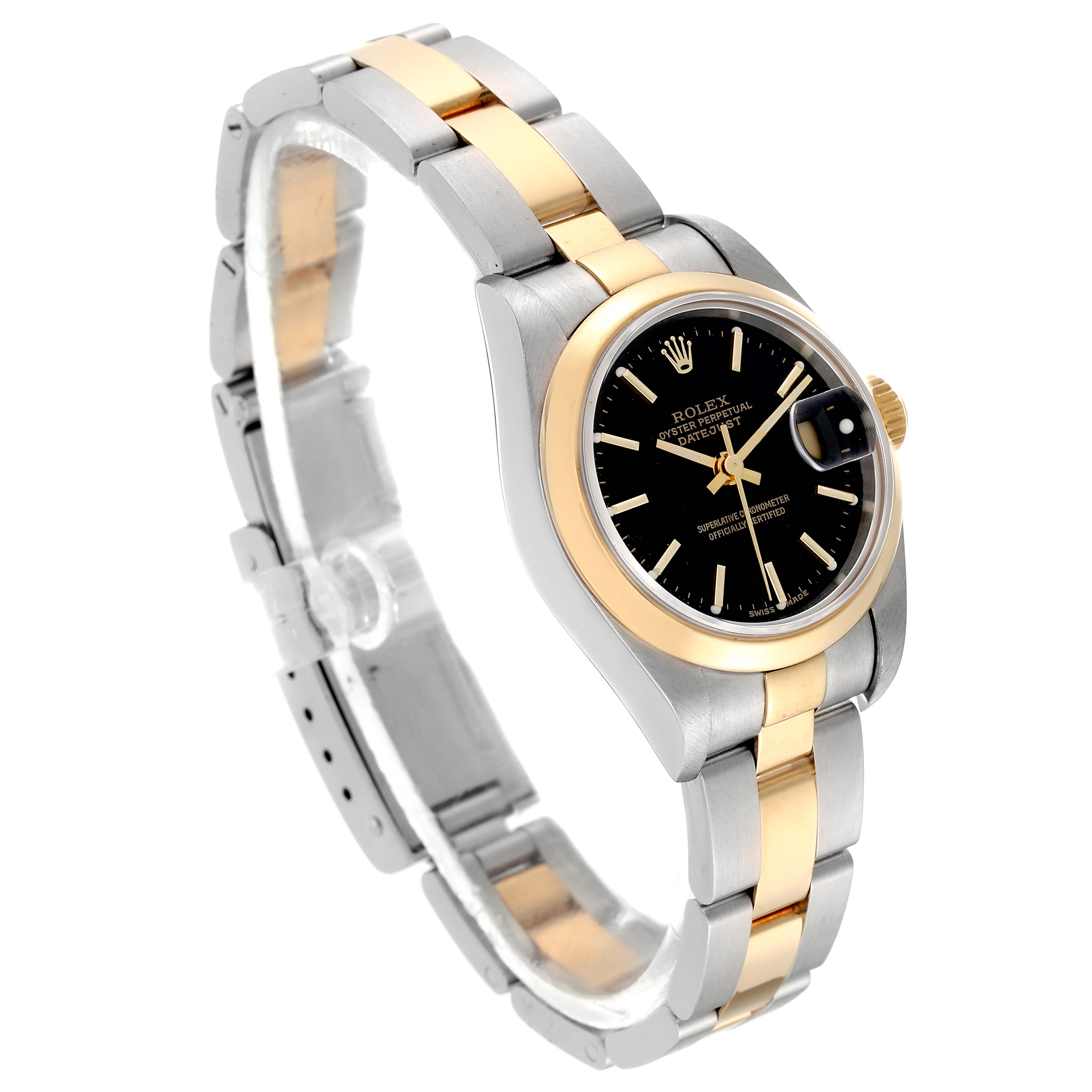 The Rolex Datejust 79163 Women's Steel and Gold (two tone) Black Dial 79163 Women's Steel and Gold (two tone) Black Dial is shown at a slight angle highlighting the case, bezel, dial, and bracelet.
