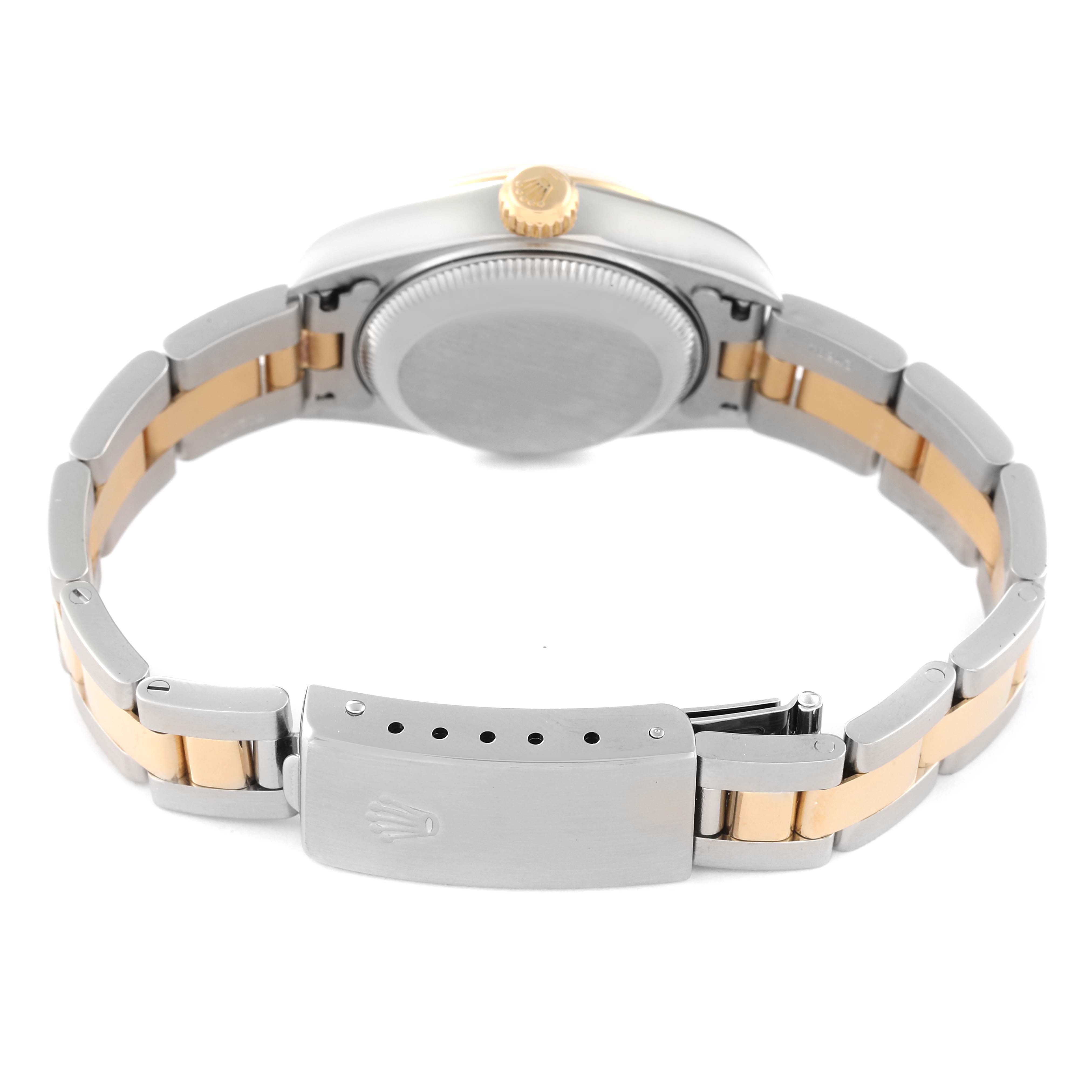 The image shows the back case and bracelet clasp of a Rolex Datejust 79163 Women's Steel and Gold (two tone) Black Dial 79163 Women's Steel and Gold (two tone) Black Dial watch, featuring a two-tone metal design.