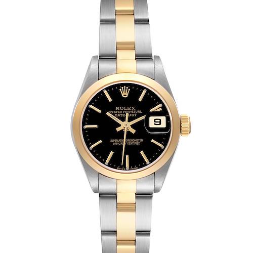 The Rolex Datejust watch is shown from the front, displaying the dial, bezel, and part of the two-tone bracelet.