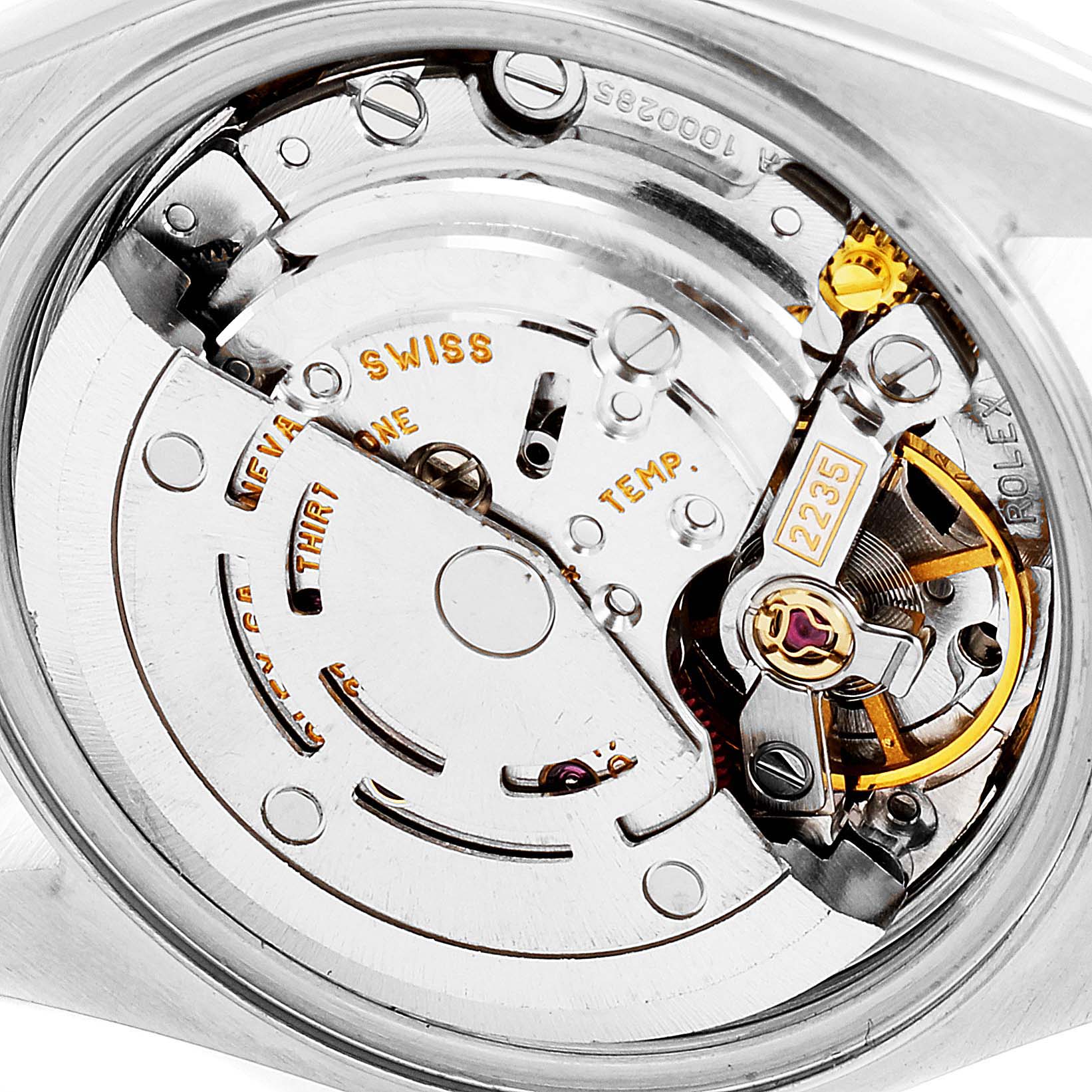 This image shows a close-up of the Rolex Datejust 79173 Women's Steel and Gold (two tone) Mother of Pearl Dial 79173 Women's Steel and Gold (two tone) Mother of Pearl Dial watch movement and inner mechanics from the back.