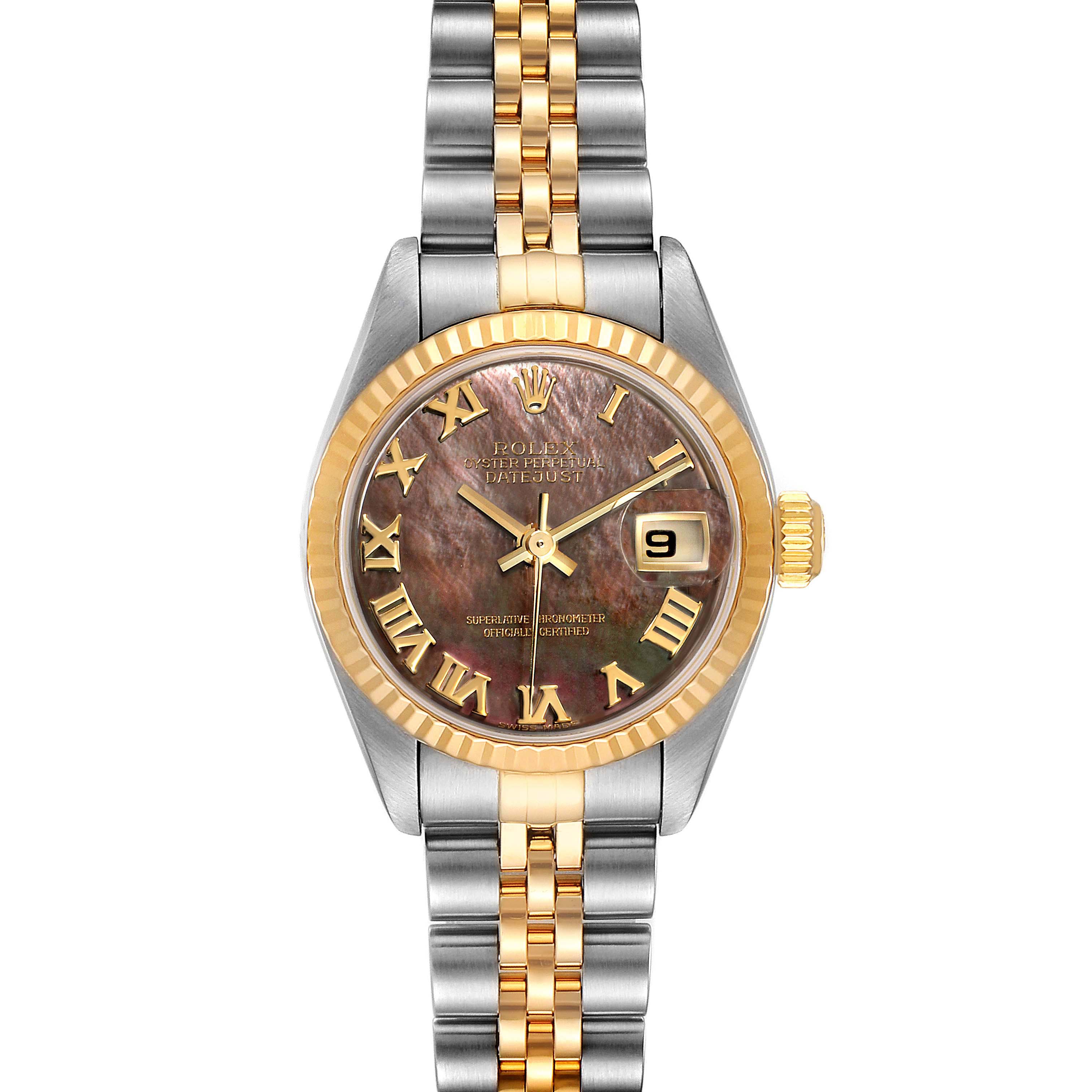 This Rolex Datejust 79173 Women's Steel and Gold (two tone) Mother of Pearl Dial 79173 Women's Steel and Gold (two tone) Mother of Pearl Dial watch is shown from the front, displaying the dial, bezel, and bracelet.