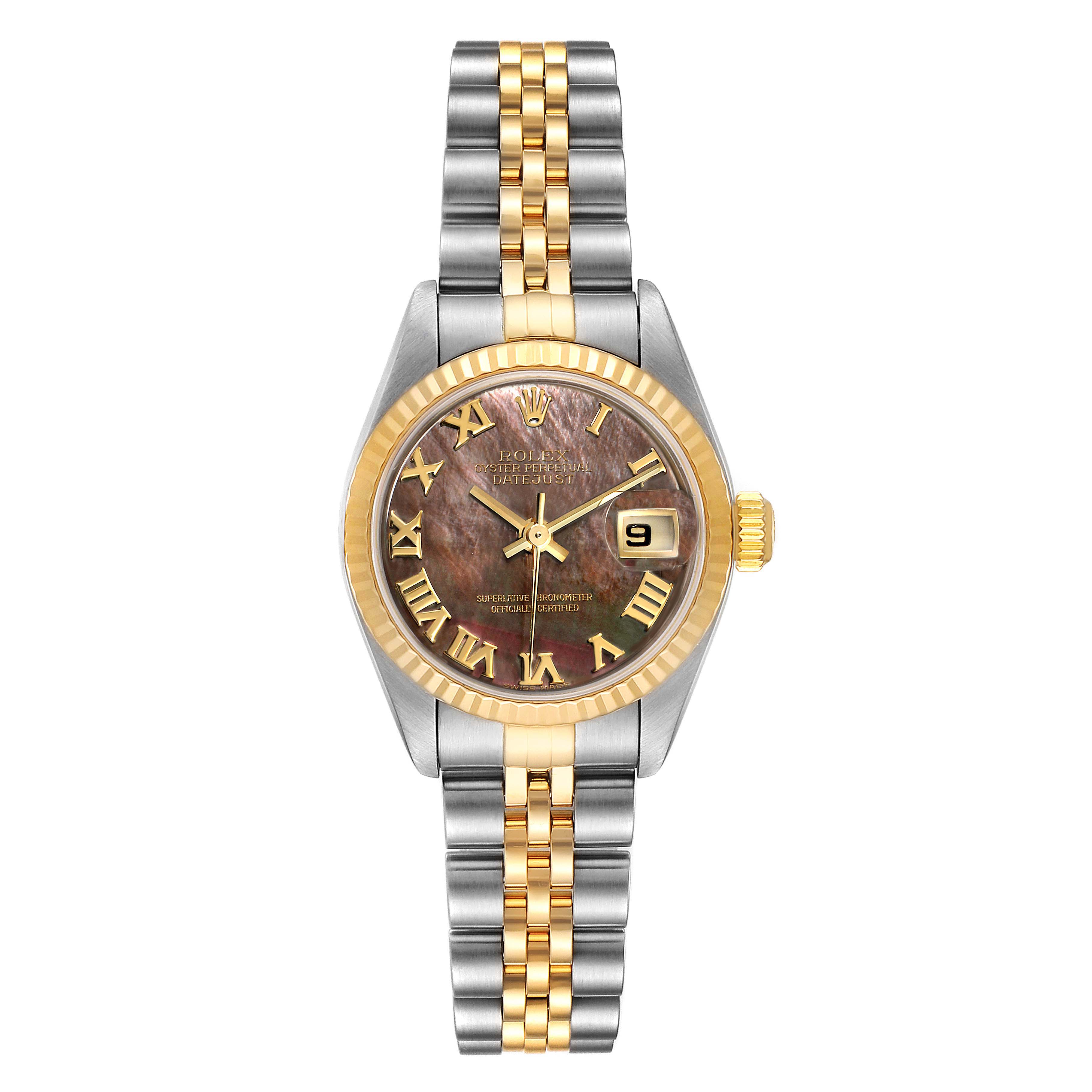 The Rolex Datejust 79173 Women's Steel and Gold (two tone) Mother of Pearl Dial 79173 Women's Steel and Gold (two tone) Mother of Pearl Dial watch is shown face-on, highlighting its Roman numeral dial, gold bezel, and two-tone bracelet.