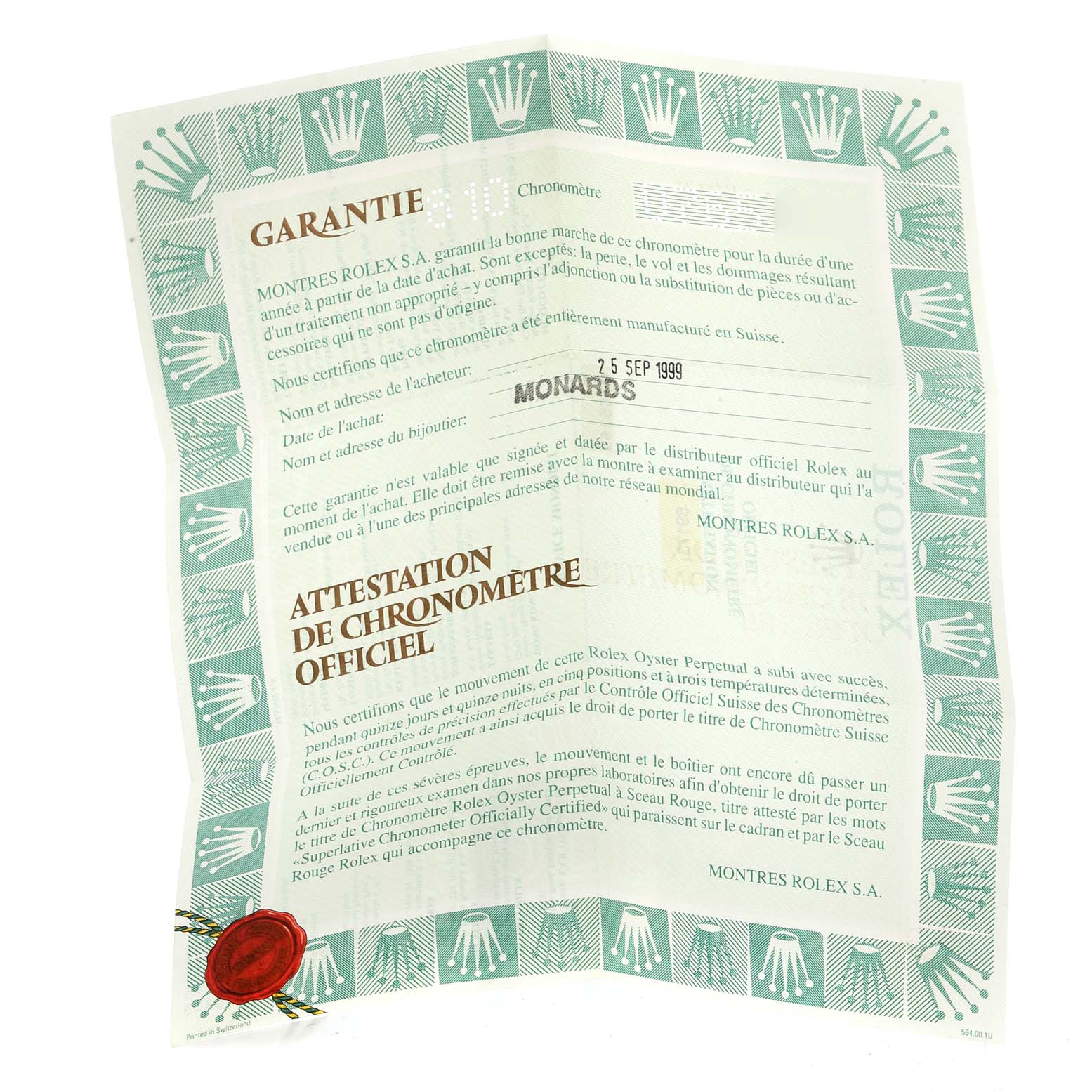 This image shows the warranty certificate for a Rolex Datejust 69173 Women's Steel and Gold (two tone) White Dial 69173 Women's Steel and Gold (two tone) White Dial model.