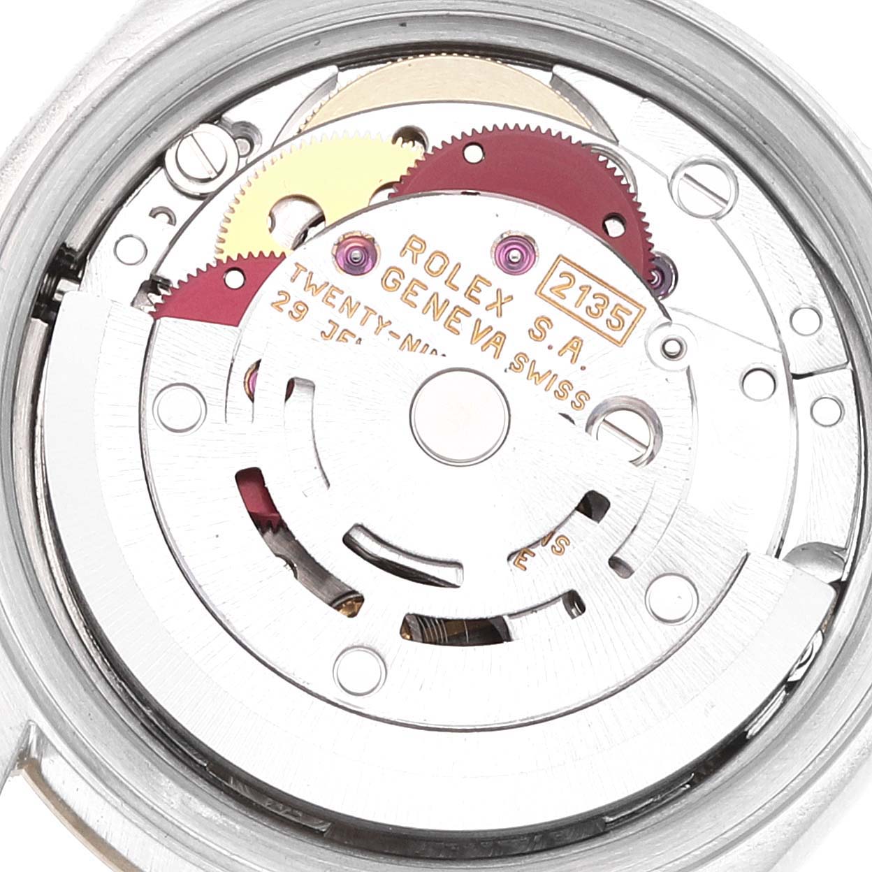 This image shows the internal mechanical movement of a Rolex Datejust 69173 Women's Steel and Gold (two tone) White Dial 69173 Women's Steel and Gold (two tone) White Dial 2135 model.
