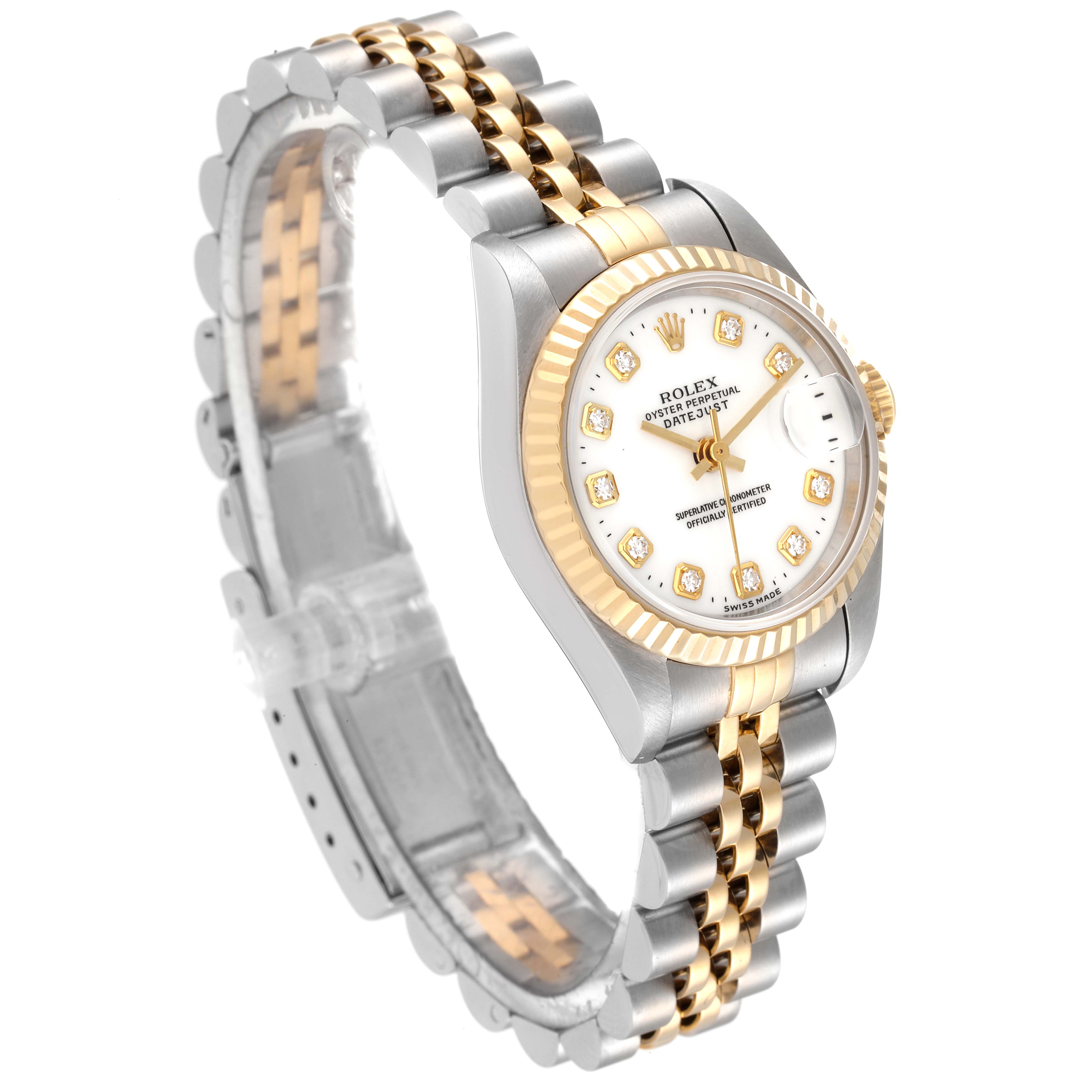 The image shows a side angle view of a Rolex Datejust 69173 Women's Steel and Gold (two tone) White Dial 69173 Women's Steel and Gold (two tone) White Dial watch, featuring its two-tone bracelet and diamond-accented dial.