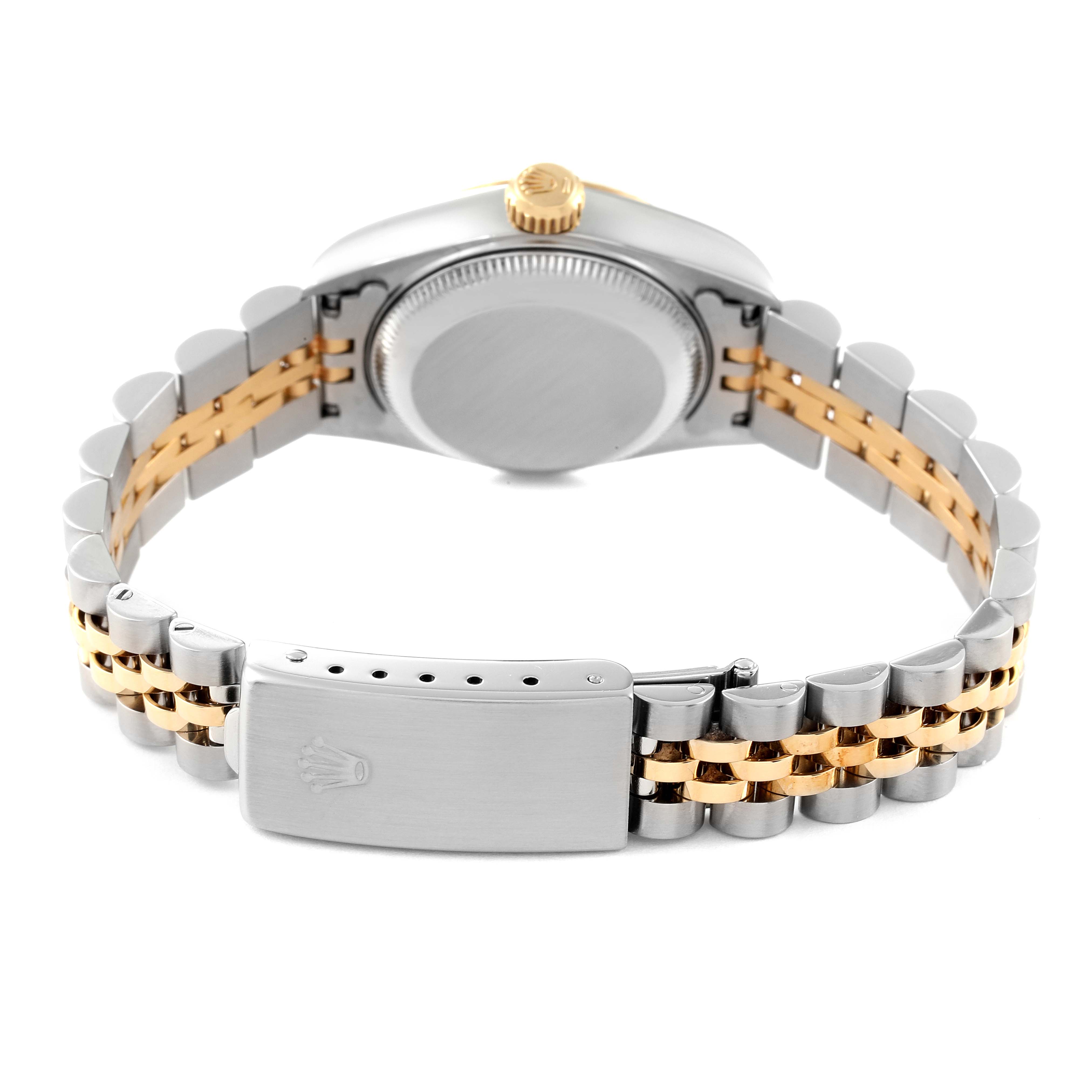 The image shows a Rolex Datejust 69173 Women's Steel and Gold (two tone) White Dial 69173 Women's Steel and Gold (two tone) White Dial watch from the back, featuring its stainless steel and gold bracelet, clasp, and case back.