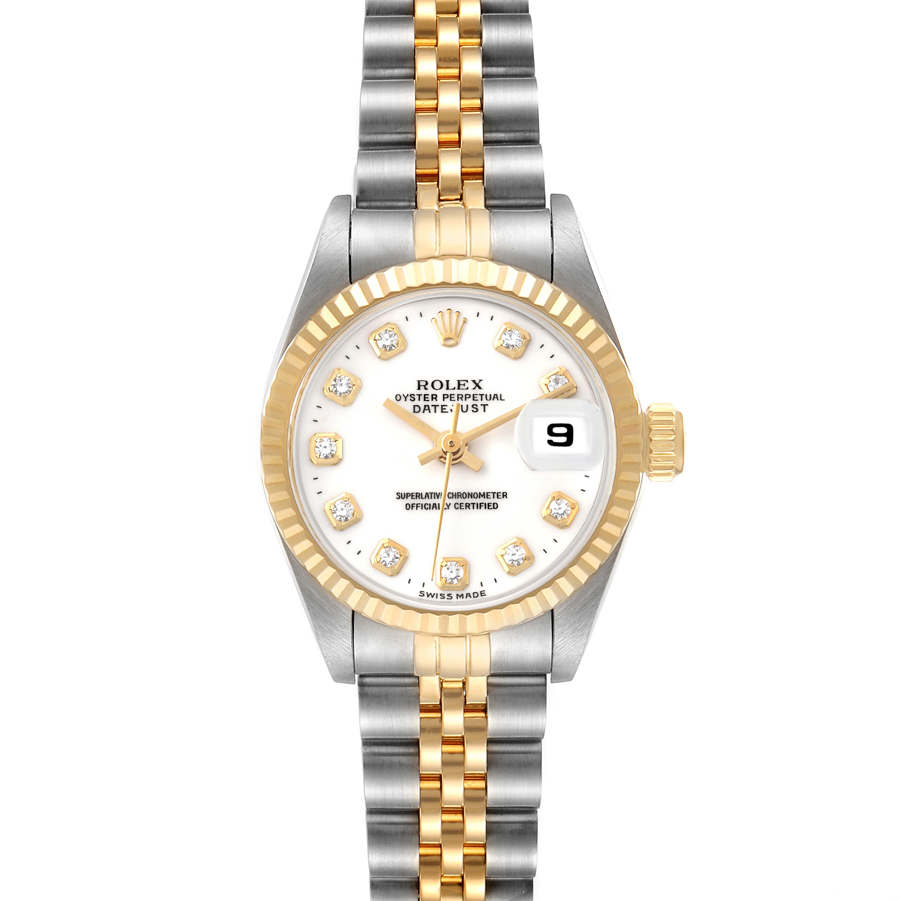 The image shows a front view of a Rolex Datejust 69173 Women's Steel and Gold (two tone) White Dial 69173 Women's Steel and Gold (two tone) White Dial watch, featuring a two-tone bracelet and a white dial with diamond hour markers.