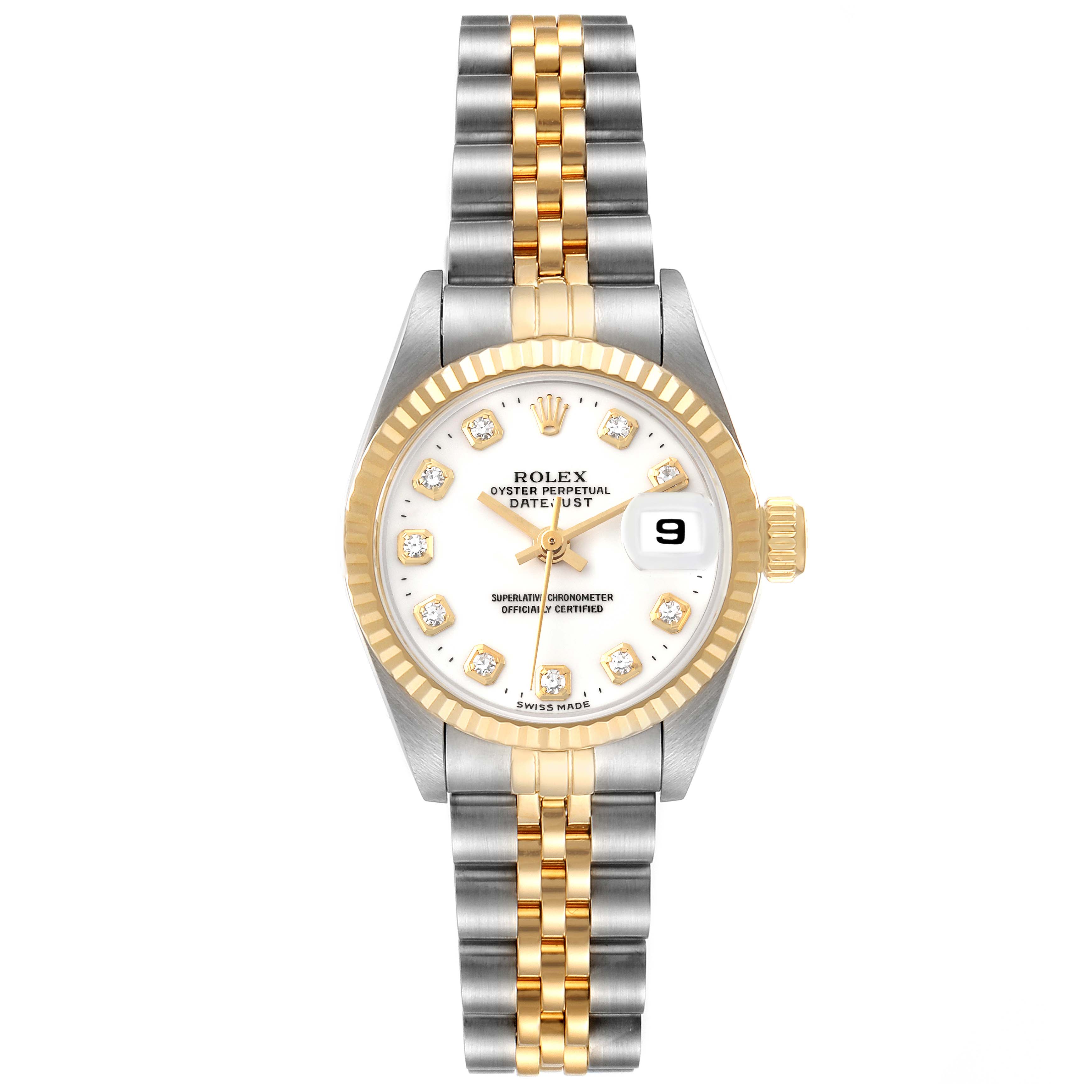 The Rolex Datejust 69173 Women's Steel and Gold (two tone) White Dial 69173 Women's Steel and Gold (two tone) White Dial watch is shown from a front view, highlighting its two-tone bracelet, gold bezel, and diamond hour markers.