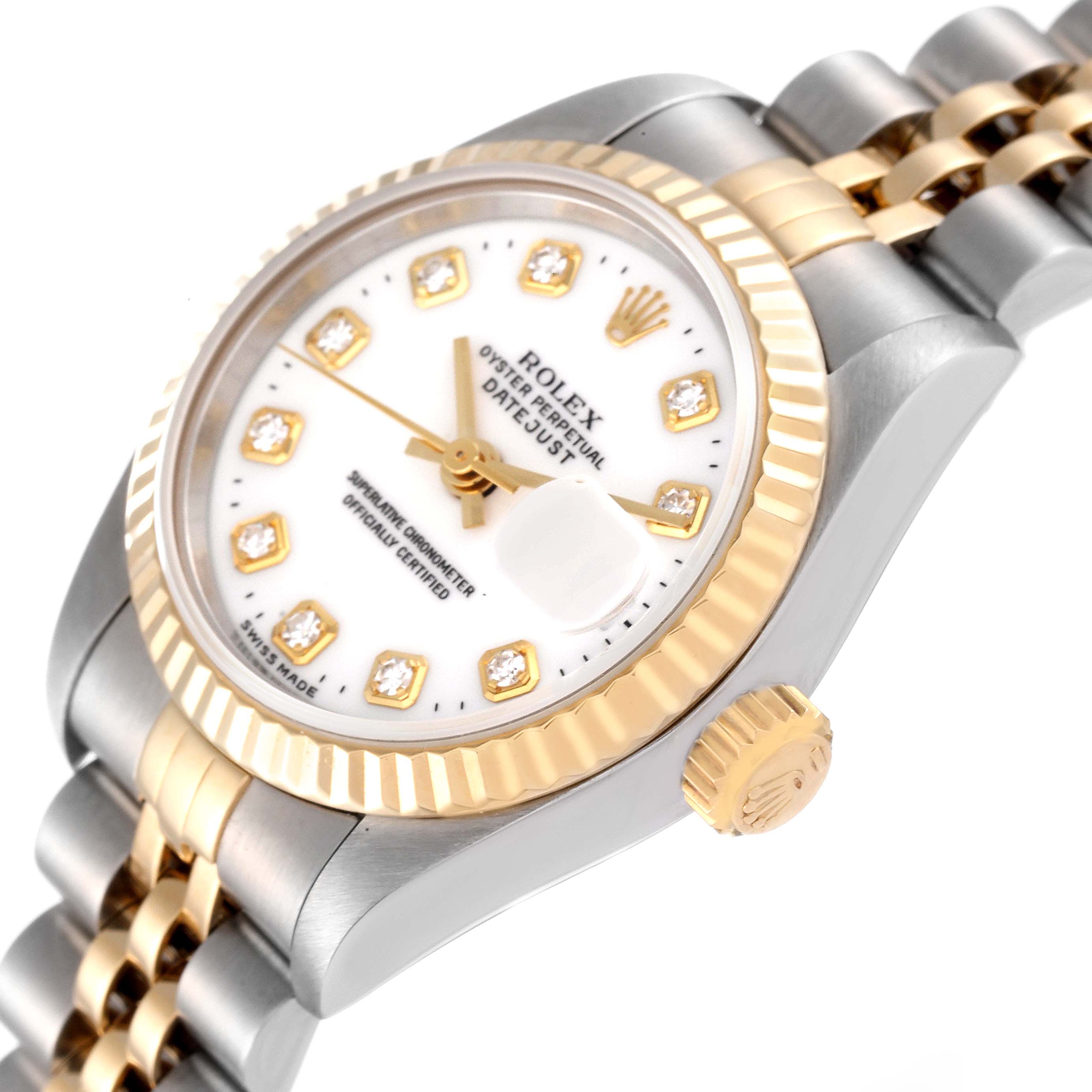 The image shows a Rolex Datejust 69173 Women's Steel and Gold (two tone) White Dial 69173 Women's Steel and Gold (two tone) White Dial watch at an angled view, highlighting the dial, fluted bezel, and two-tone bracelet.