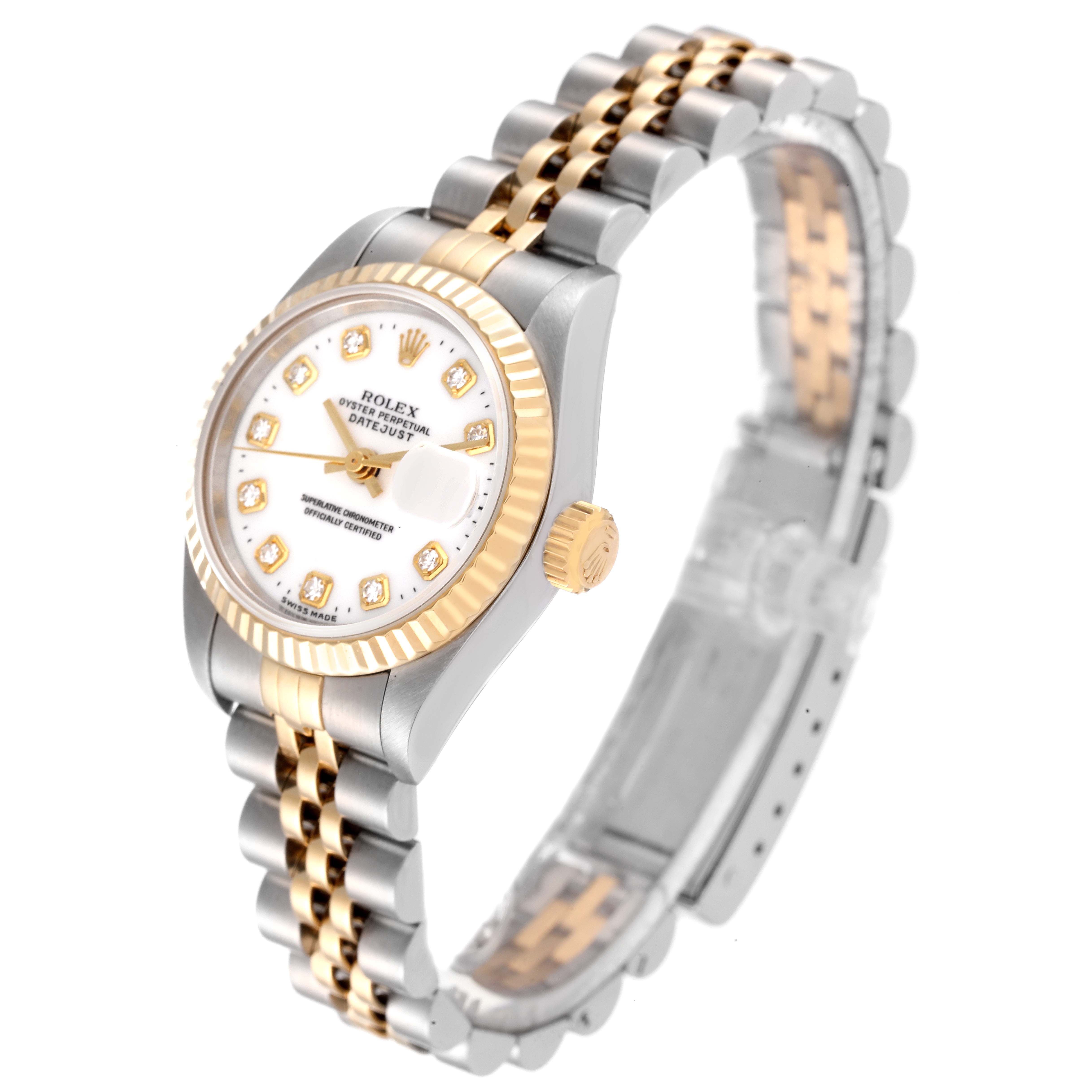 This image shows a Rolex Datejust 69173 Women's Steel and Gold (two tone) White Dial 69173 Women's Steel and Gold (two tone) White Dial watch at an oblique angle, highlighting its gold and silver bracelet, fluted bezel, and diamond hour markers.