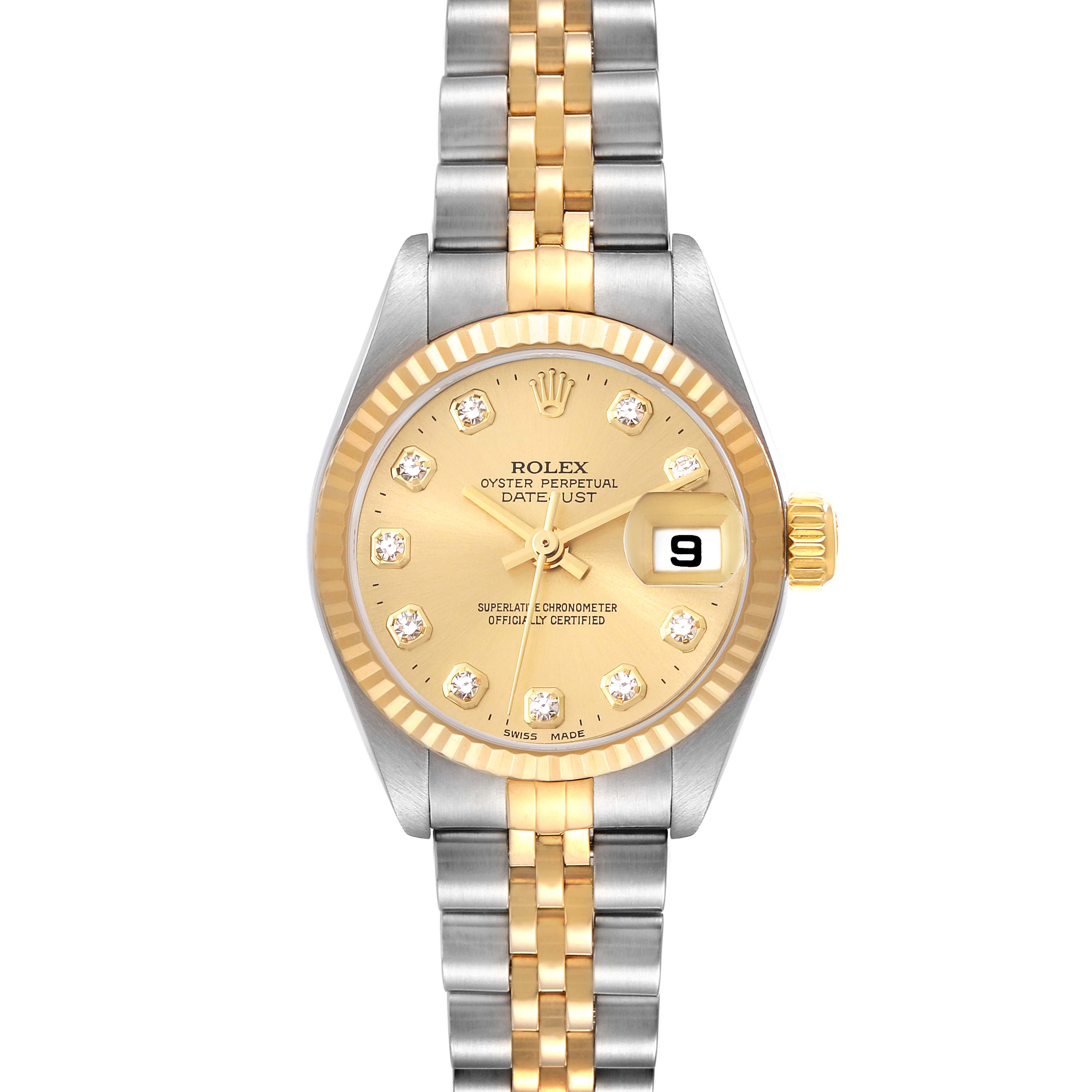 The image shows a front view of a Rolex Datejust 79173 Women's Steel and Gold (two tone) Champagne Dial 79173 Women's Steel and Gold (two tone) Champagne Dial watch, showcasing its gold dial, fluted bezel, and two-tone bracelet.