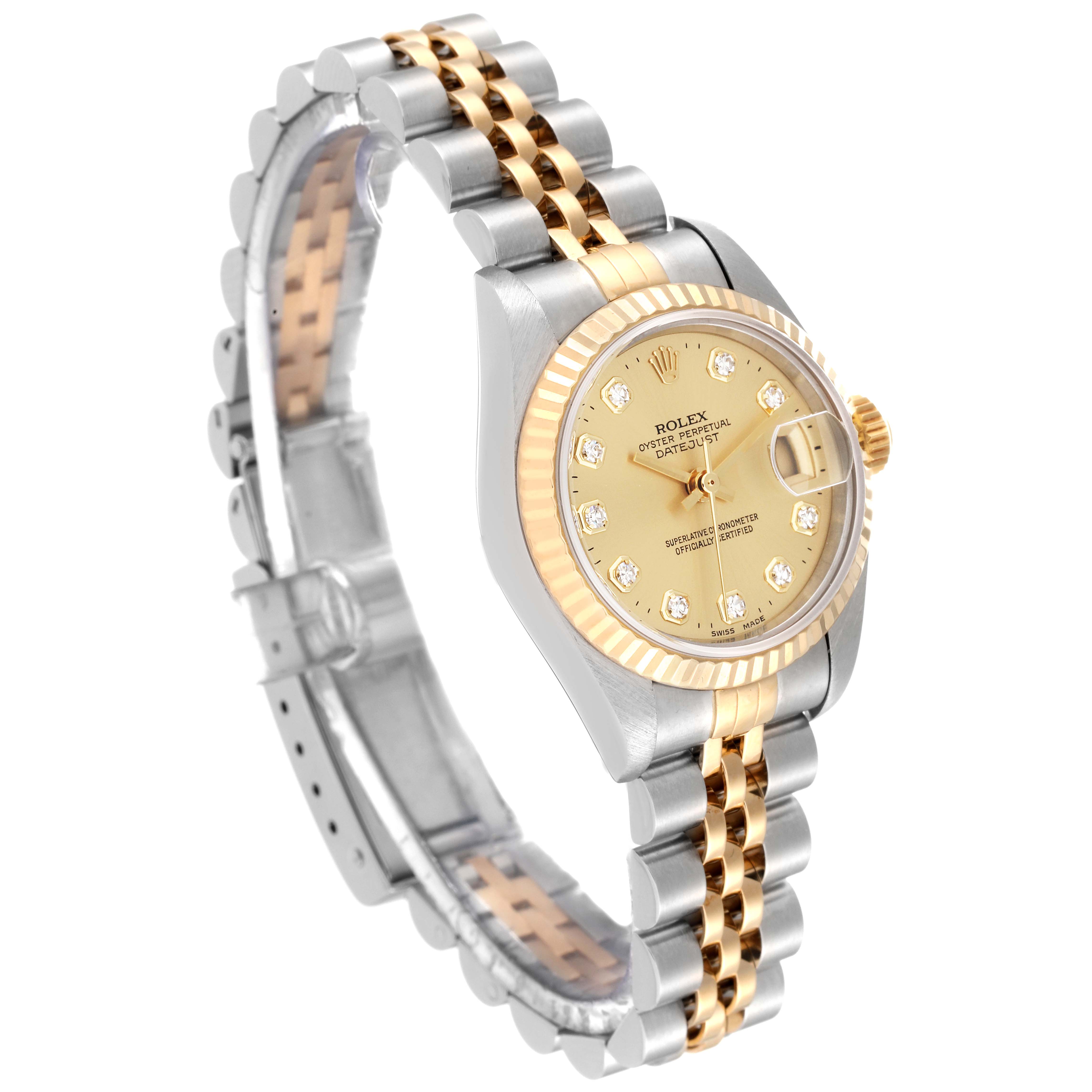 The Rolex Datejust 79173 Women's Steel and Gold (two tone) Champagne Dial 79173 Women's Steel and Gold (two tone) Champagne Dial watch is shown at a tilted angled view, highlighting the gold and silver bracelet, champagne dial, and diamond hour markers.