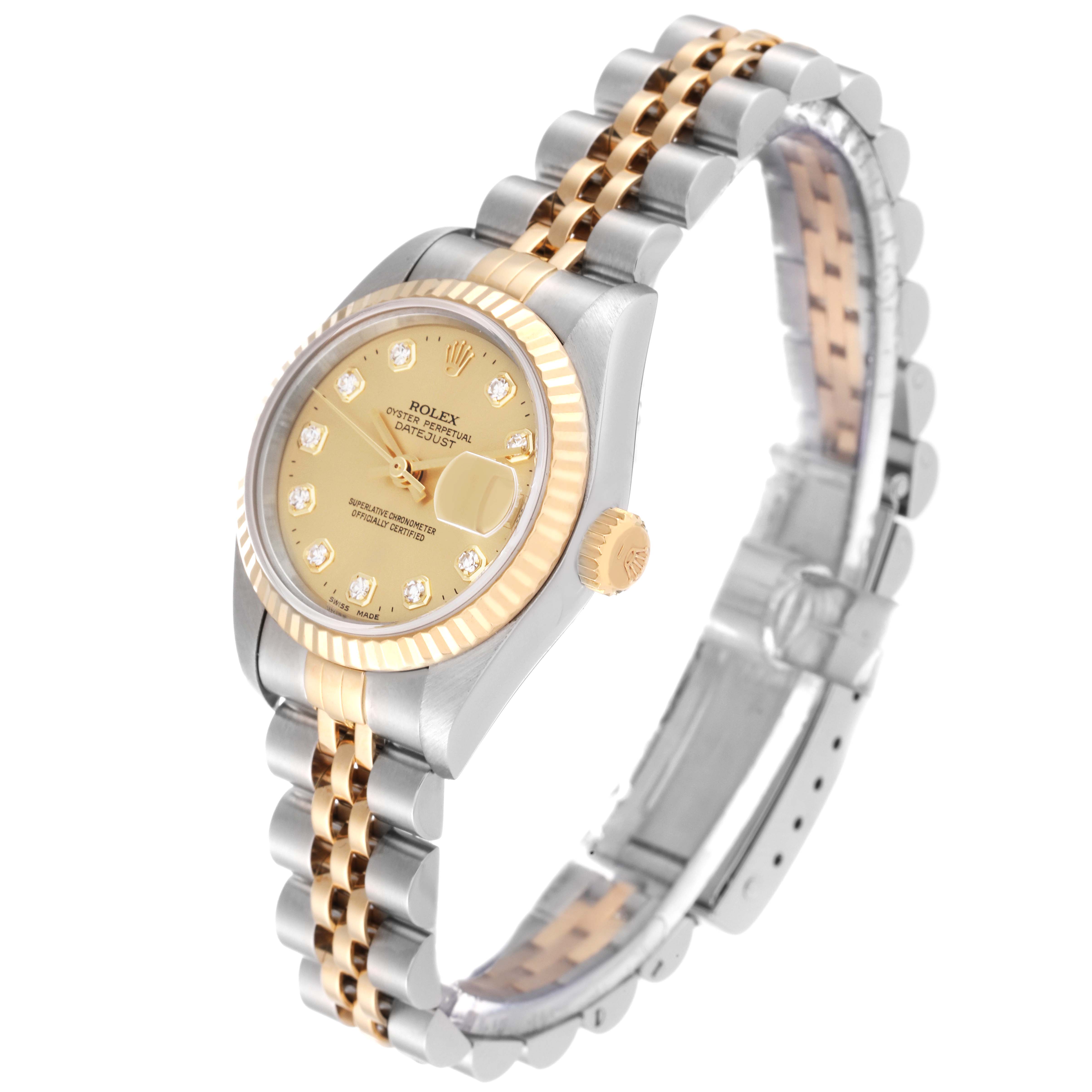 This image shows a side view of the Rolex Datejust 79173 Women's Steel and Gold (two tone) Champagne Dial 79173 Women's Steel and Gold (two tone) Champagne Dial watch, highlighting the bezel, dial, crown, and the dual-tone Jubilee bracelet.