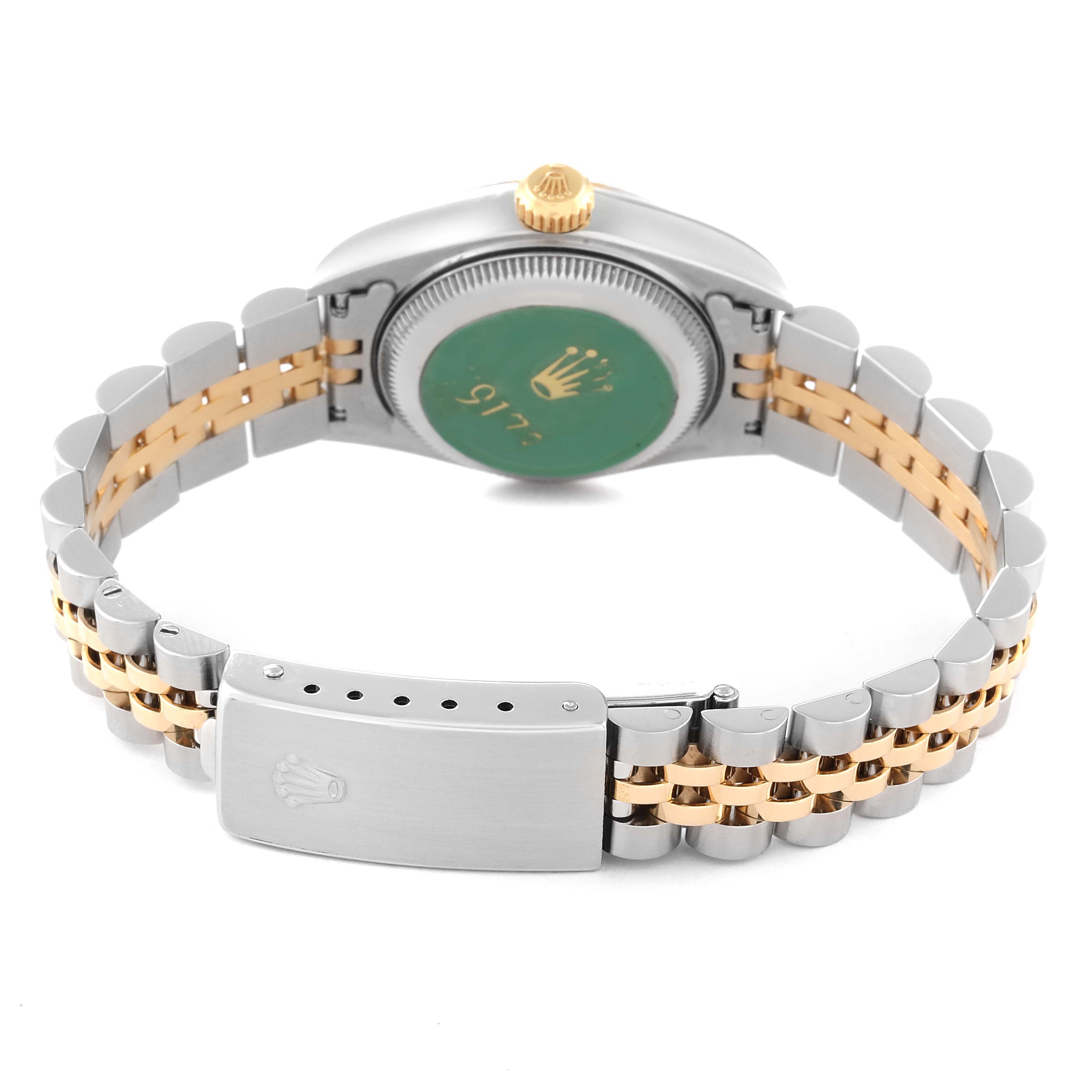 The image shows the back view of the Rolex Datejust 79173 Women's Steel and Gold (two tone) Champagne Dial 79173 Women's Steel and Gold (two tone) Champagne Dial watch, highlighting its two-tone bracelet and clasp.