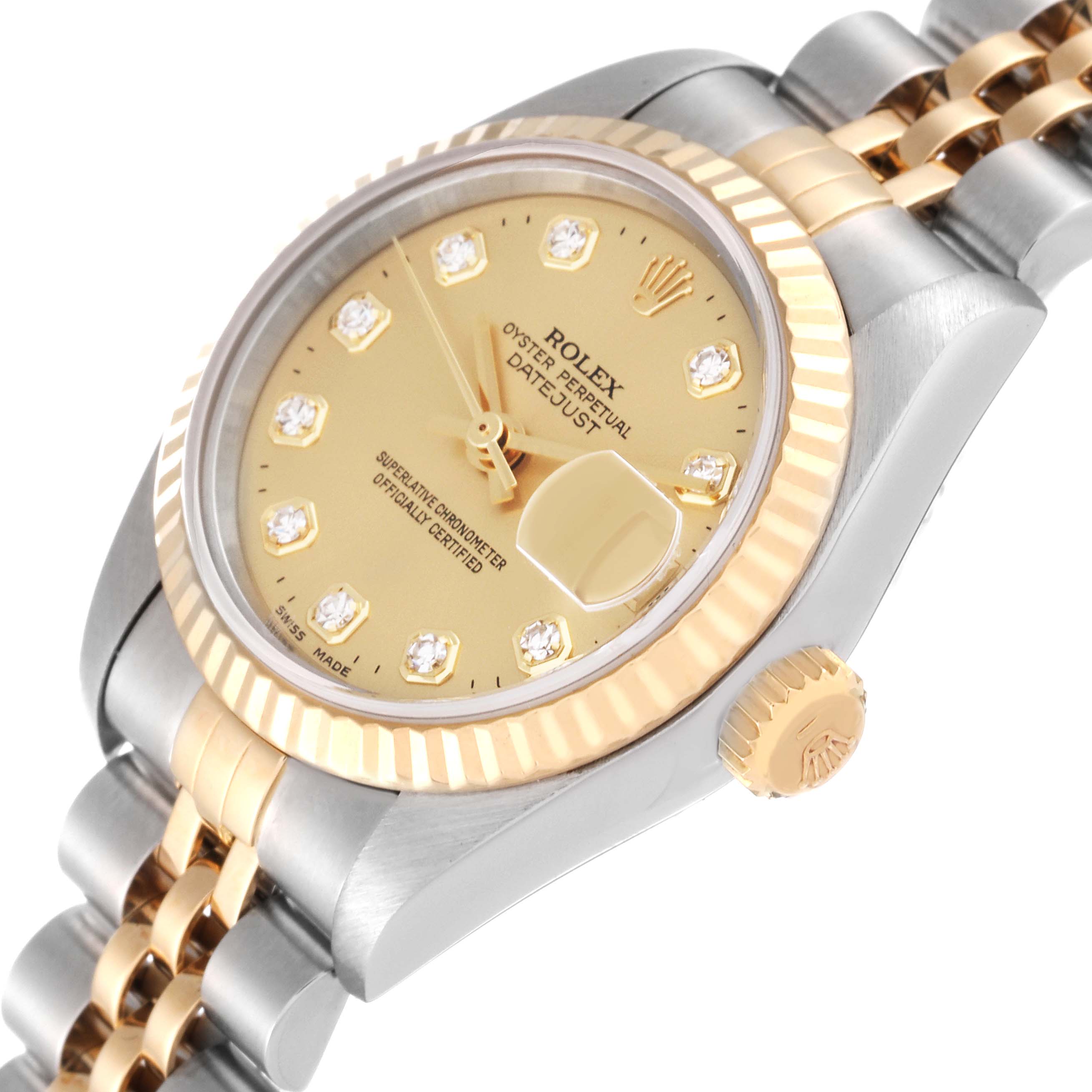 The image shows a Rolex Datejust 79173 Women's Steel and Gold (two tone) Champagne Dial 79173 Women's Steel and Gold (two tone) Champagne Dial watch at an angle highlighting the face, bezel, crown, and part of the bracelet.