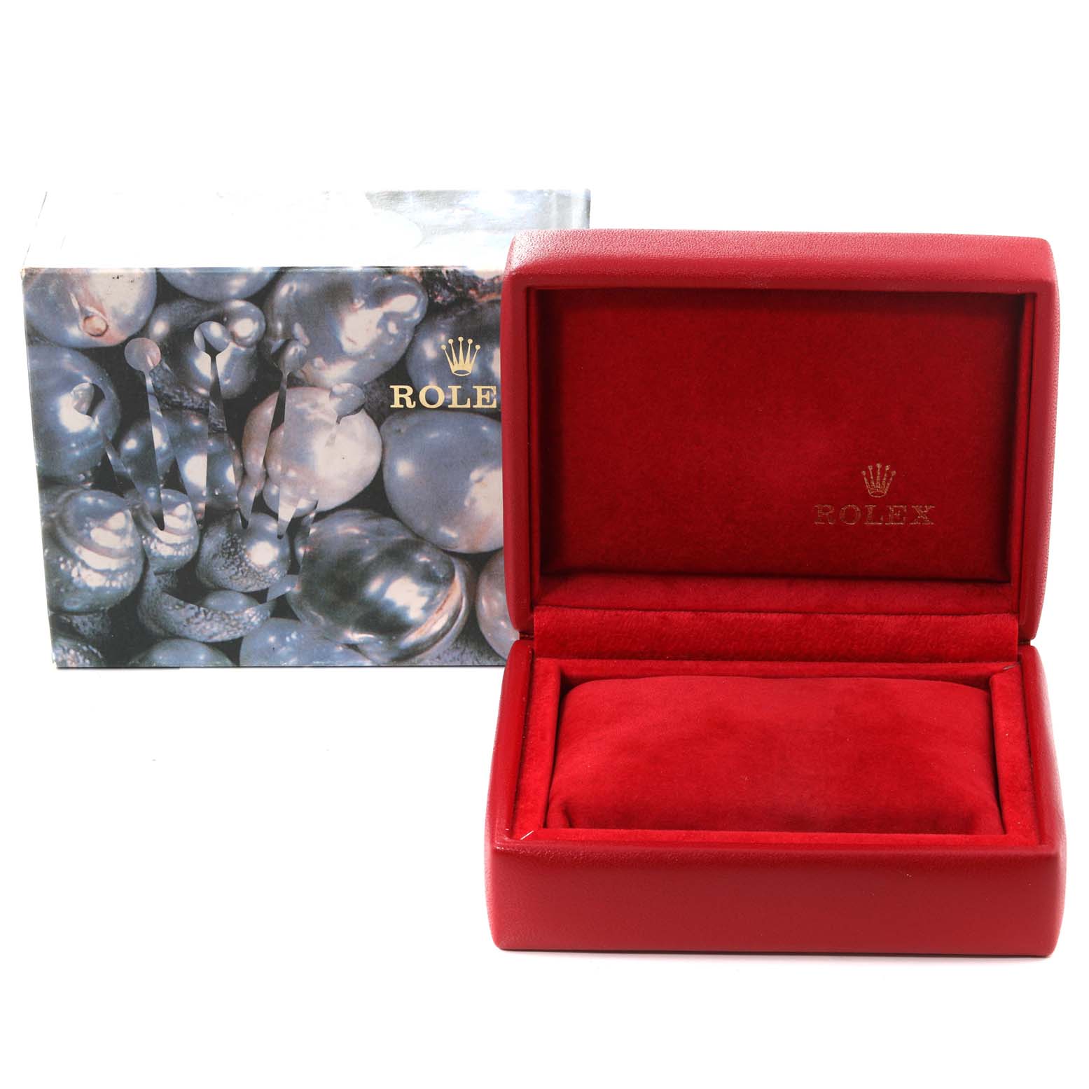 The image shows an open red Rolex Datejust 79173 Women's Steel and Gold (two tone) Champagne Dial 79173 Women's Steel and Gold (two tone) Champagne Dial watch box with the outer decorative packaging in the background.