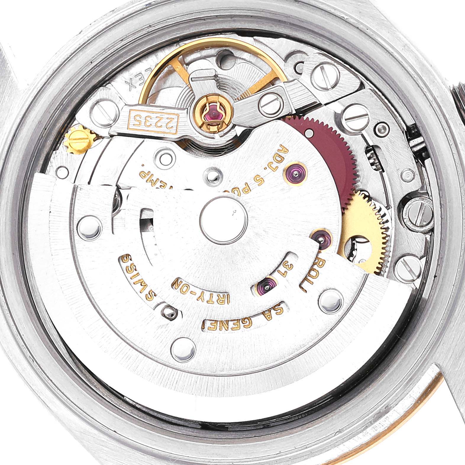This is an image showing the movement parts of a Rolex Datejust 79173 Women's Steel and Gold (two tone) Champagne Dial 79173 Women's Steel and Gold (two tone) Champagne Dial model from a back case angle.