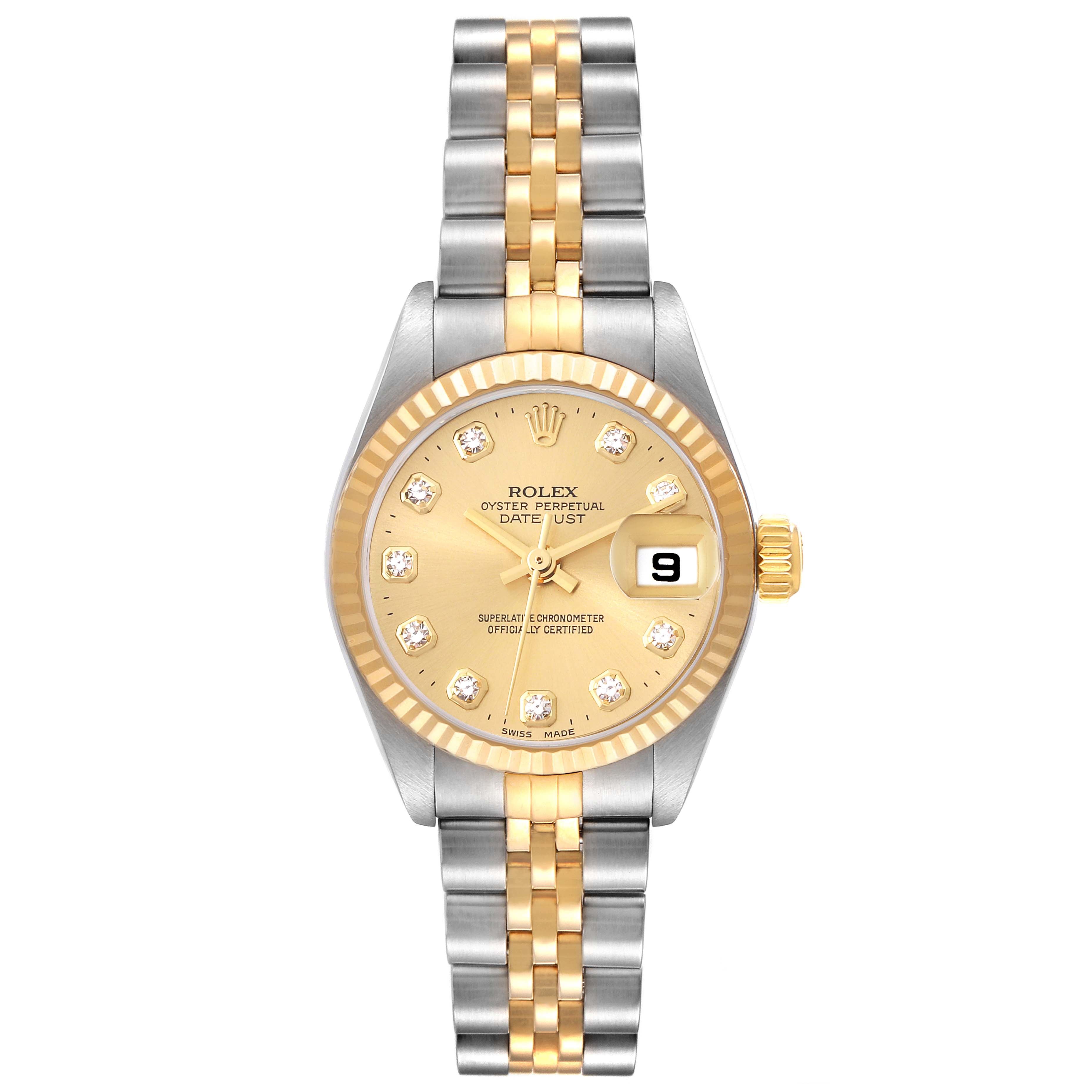 The image shows a front view of a Rolex Datejust 79173 Women's Steel and Gold (two tone) Champagne Dial 79173 Women's Steel and Gold (two tone) Champagne Dial watch, featuring a gold and silver bracelet, gold dial, and date display.