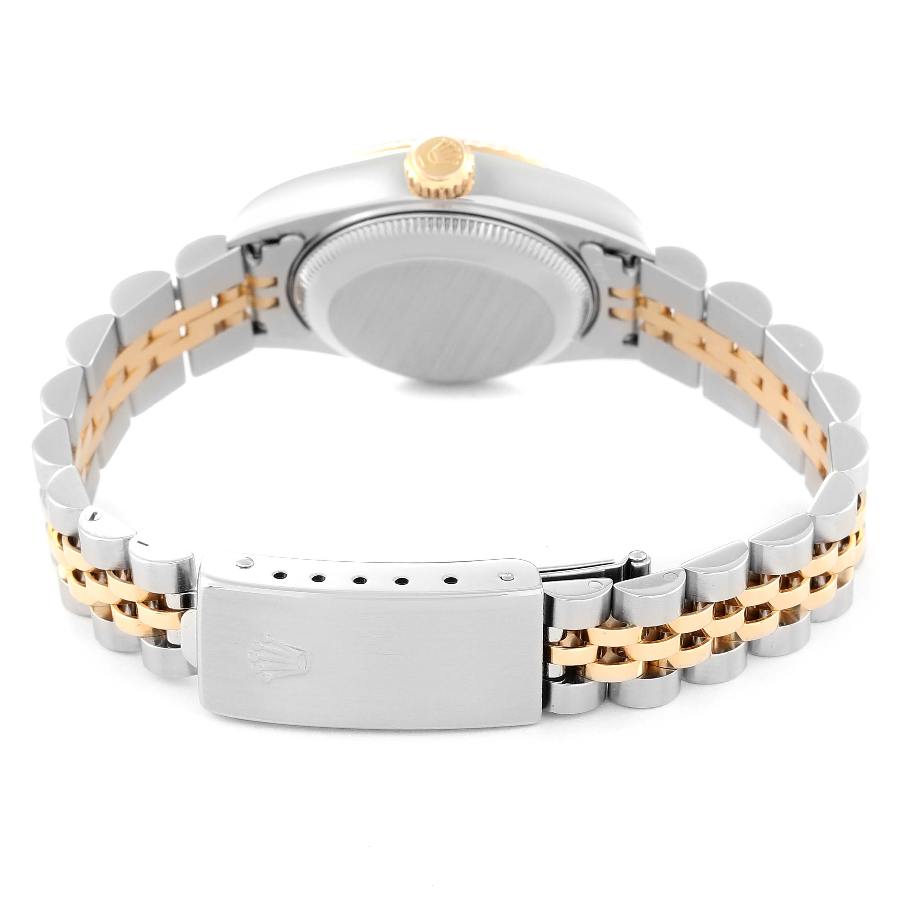 The image shows the Rolex Datejust 79173 Women's Steel and Gold (two tone) Champagne Dial 79173 Women's Steel and Gold (two tone) Champagne Dial watch from the back, highlighting its case, crown, and two-tone bracelet with the clasp.