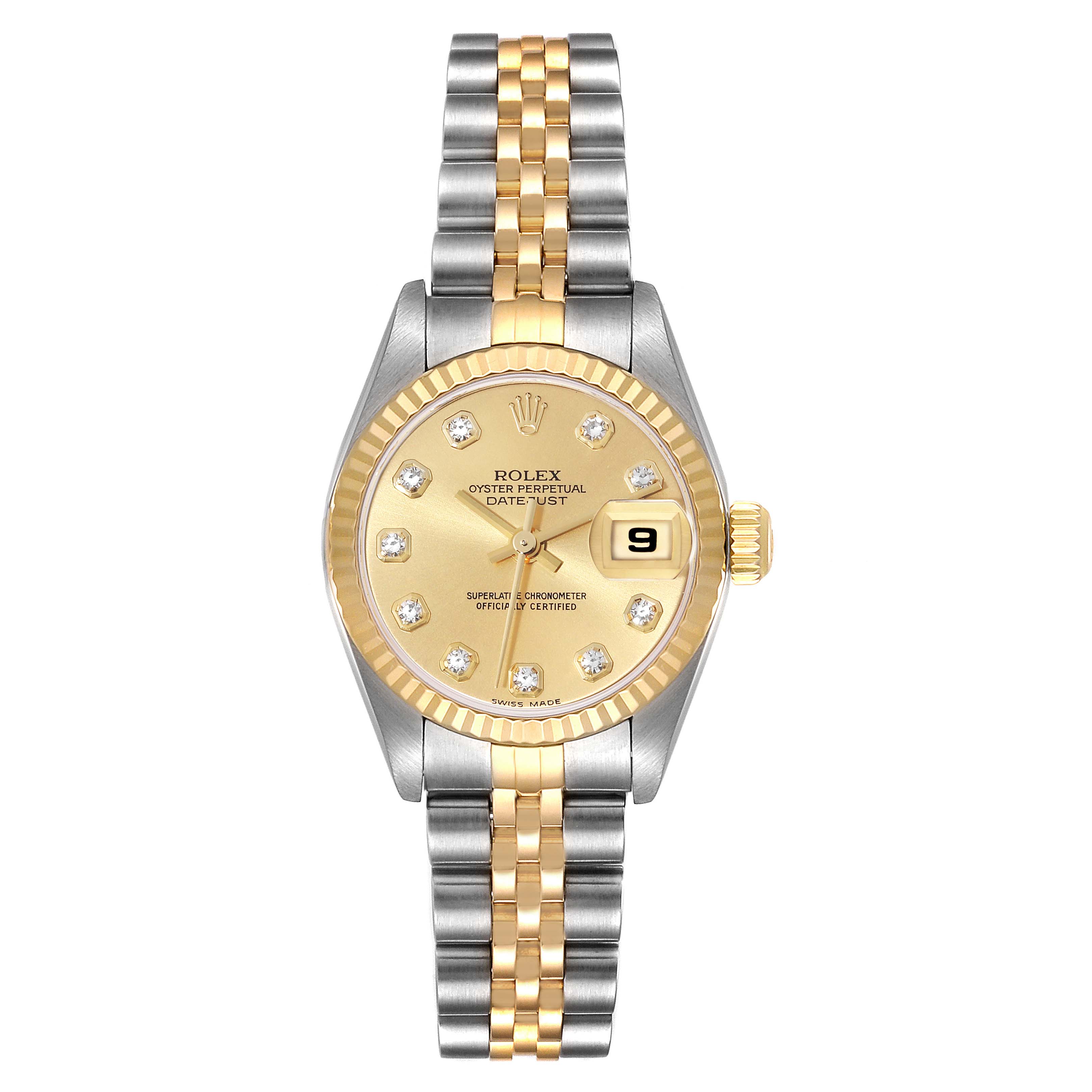 The image shows a front view of a Rolex Datejust 79173 Women's Steel and Gold (two tone) Champagne Dial 79173 Women's Steel and Gold (two tone) Champagne Dial watch with a gold and silver bracelet and diamond hour markers.