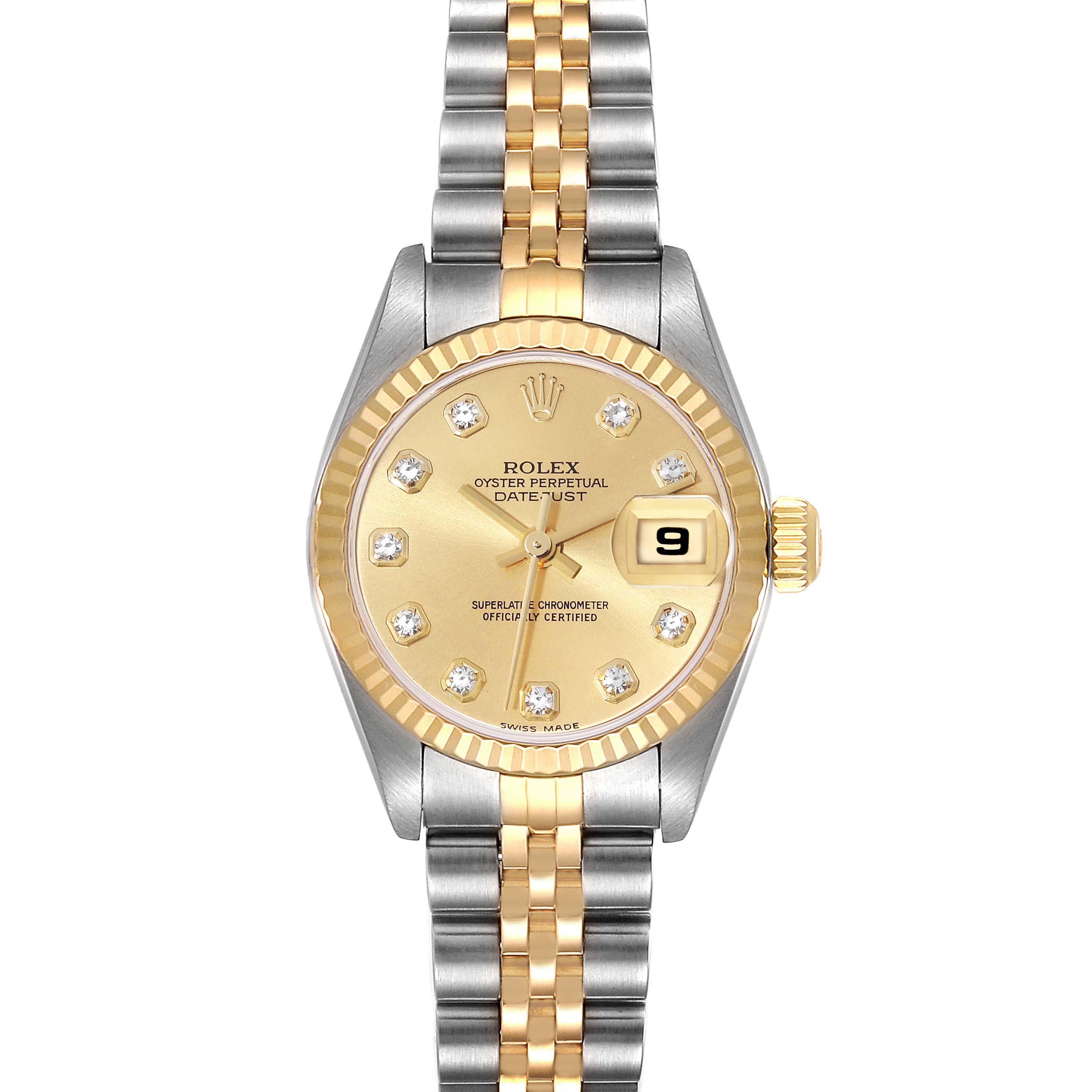 The image shows a front view of a Rolex Datejust 79173 Women's Steel and Gold (two tone) Champagne Dial 79173 Women's Steel and Gold (two tone) Champagne Dial watch, highlighting its dial, bezel, and two-tone bracelet.