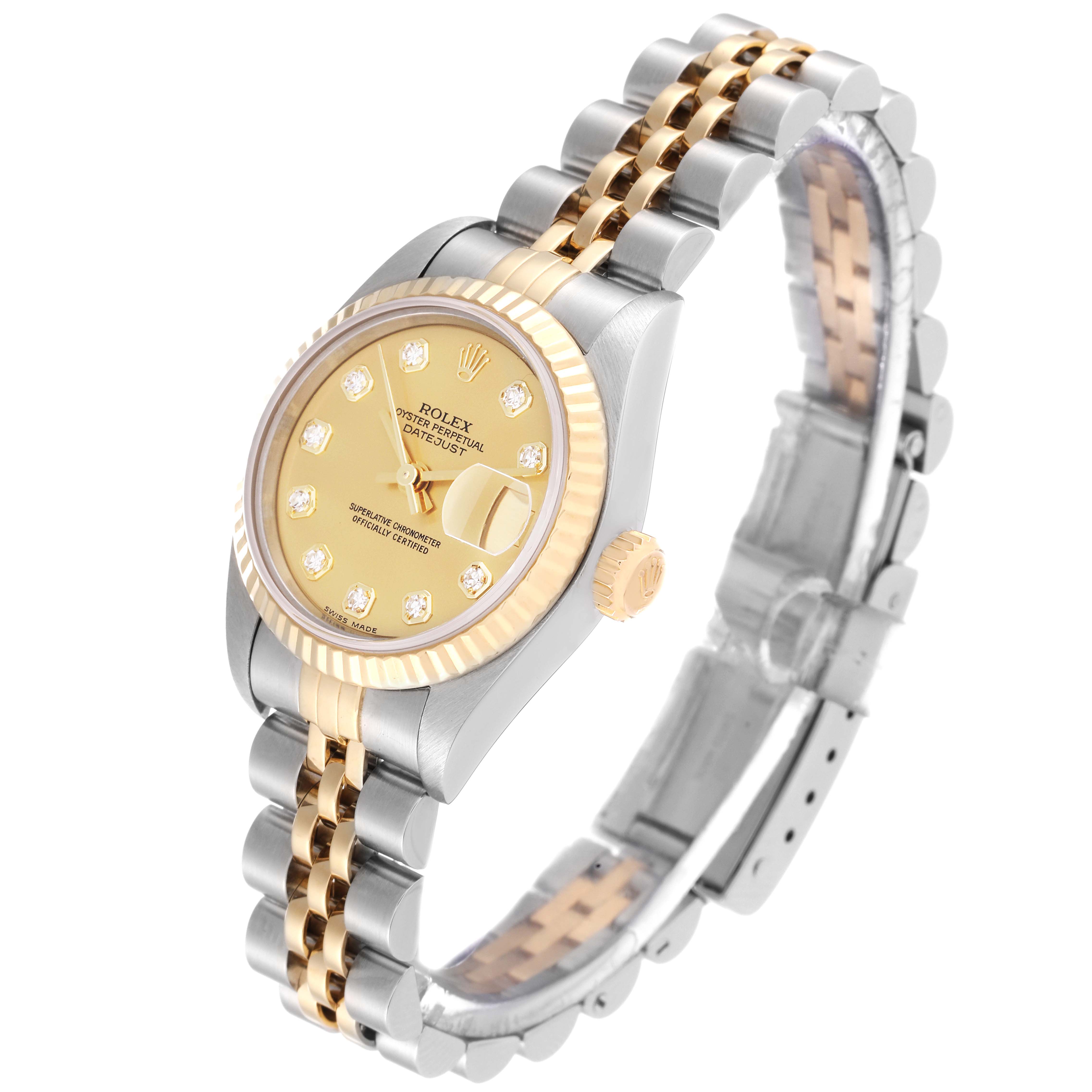 The Rolex Datejust 79173 Women's Steel and Gold (two tone) Champagne Dial 79173 Women's Steel and Gold (two tone) Champagne Dial watch is shown at a three-quarters angle, displaying the dial, bezel, and bracelet.