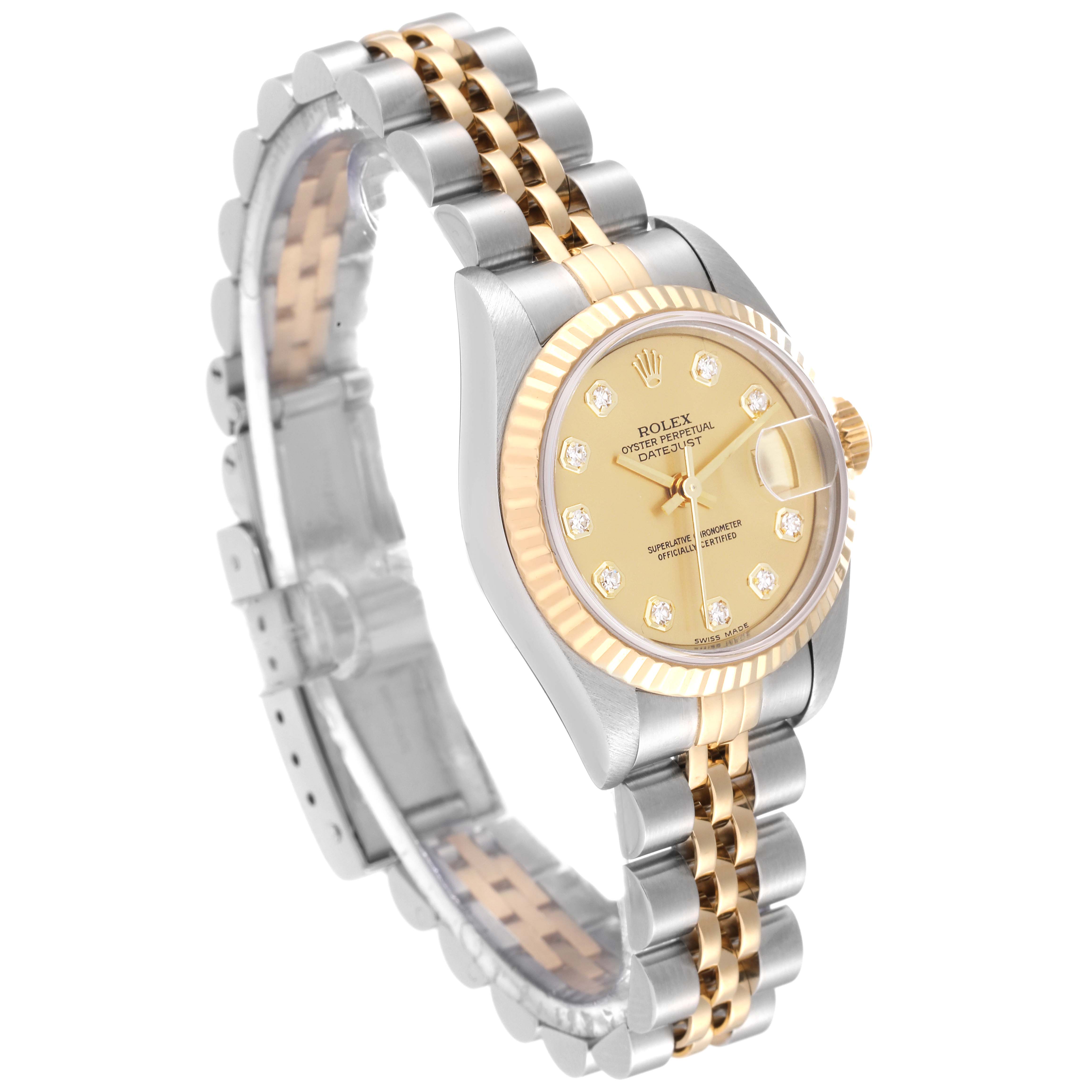 The image shows a side angle view of a Rolex Datejust 79173 Women's Steel and Gold (two tone) Champagne Dial 79173 Women's Steel and Gold (two tone) Champagne Dial watch, highlighting the two-tone band, dial, and fluted bezel.