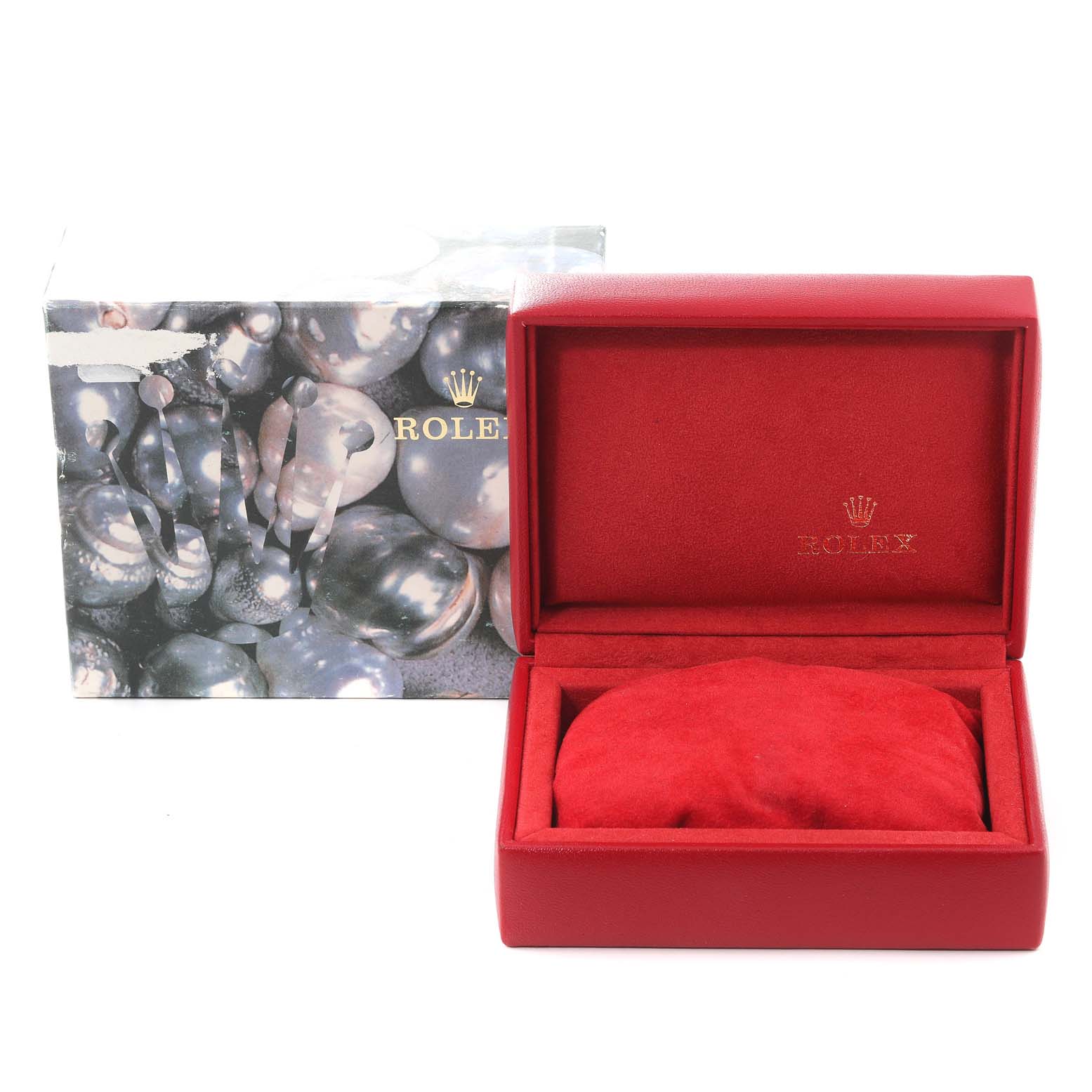 The image shows the Rolex Datejust 79173 Women's Steel and Gold (two tone) Champagne Dial 79173 Women's Steel and Gold (two tone) Champagne Dial watch packaging, including an open red case and an outer decorative box.