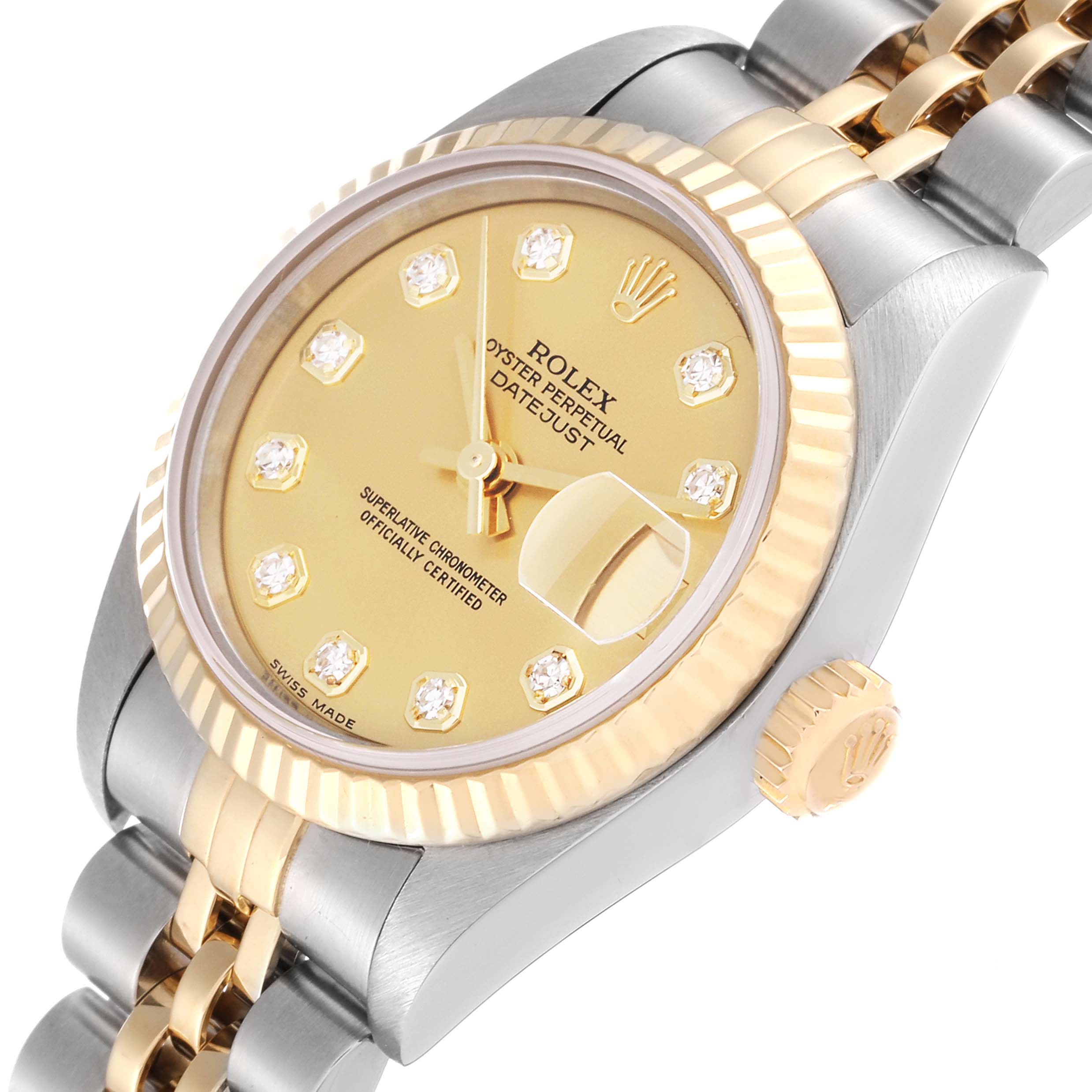 The image shows a Rolex Datejust 79173 Women's Steel and Gold (two tone) Champagne Dial 79173 Women's Steel and Gold (two tone) Champagne Dial watch at an angled view, displaying the dial, fluted bezel, crown, and part of the jubilee bracelet.